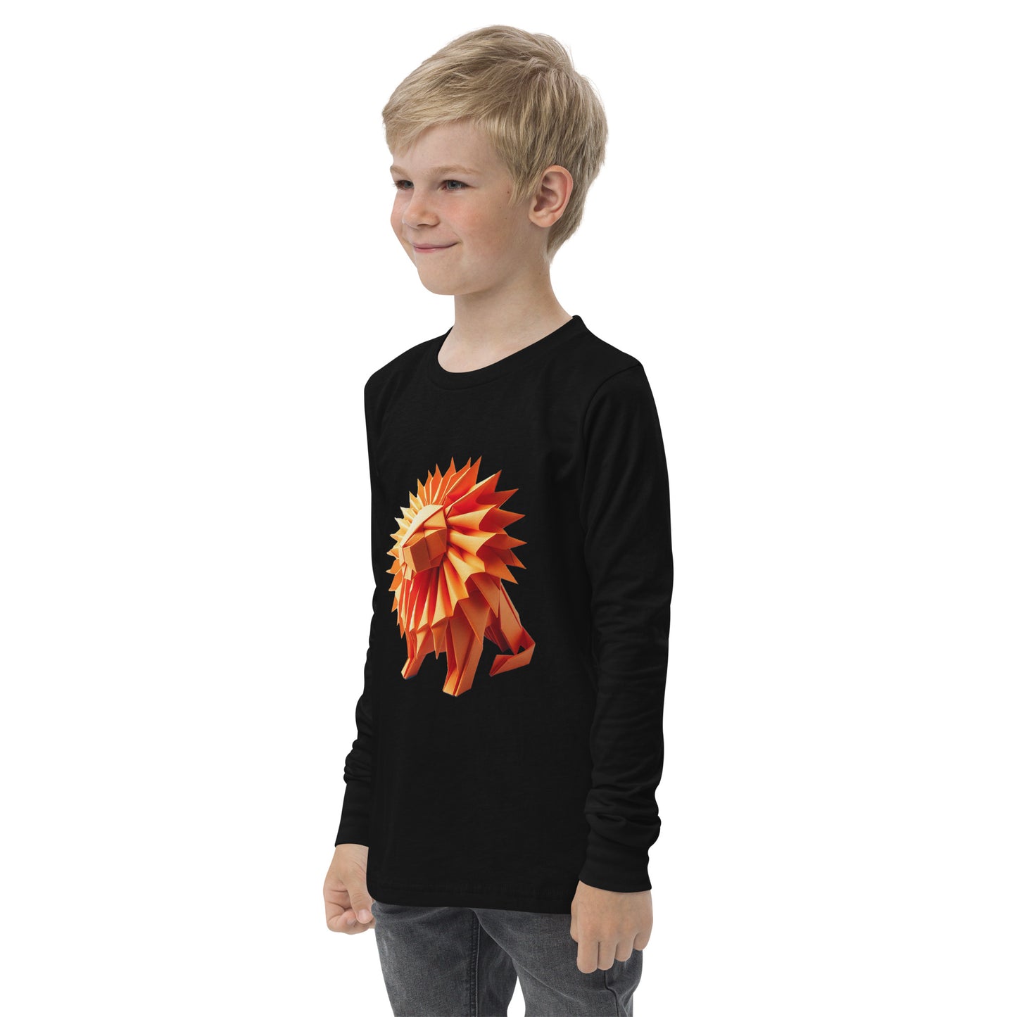 Youth with black long sleeve T-shirt with print of a lion