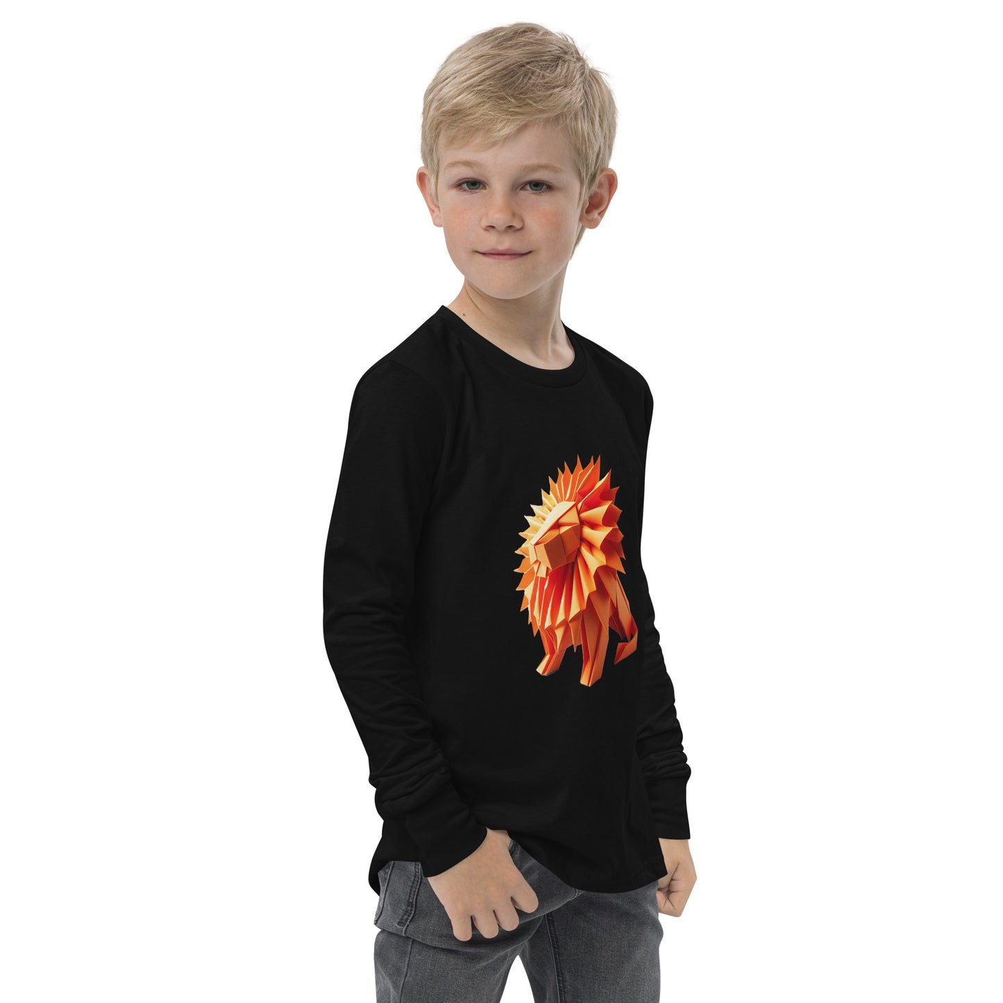 Youth with black long sleeve T-shirt with print of a lion