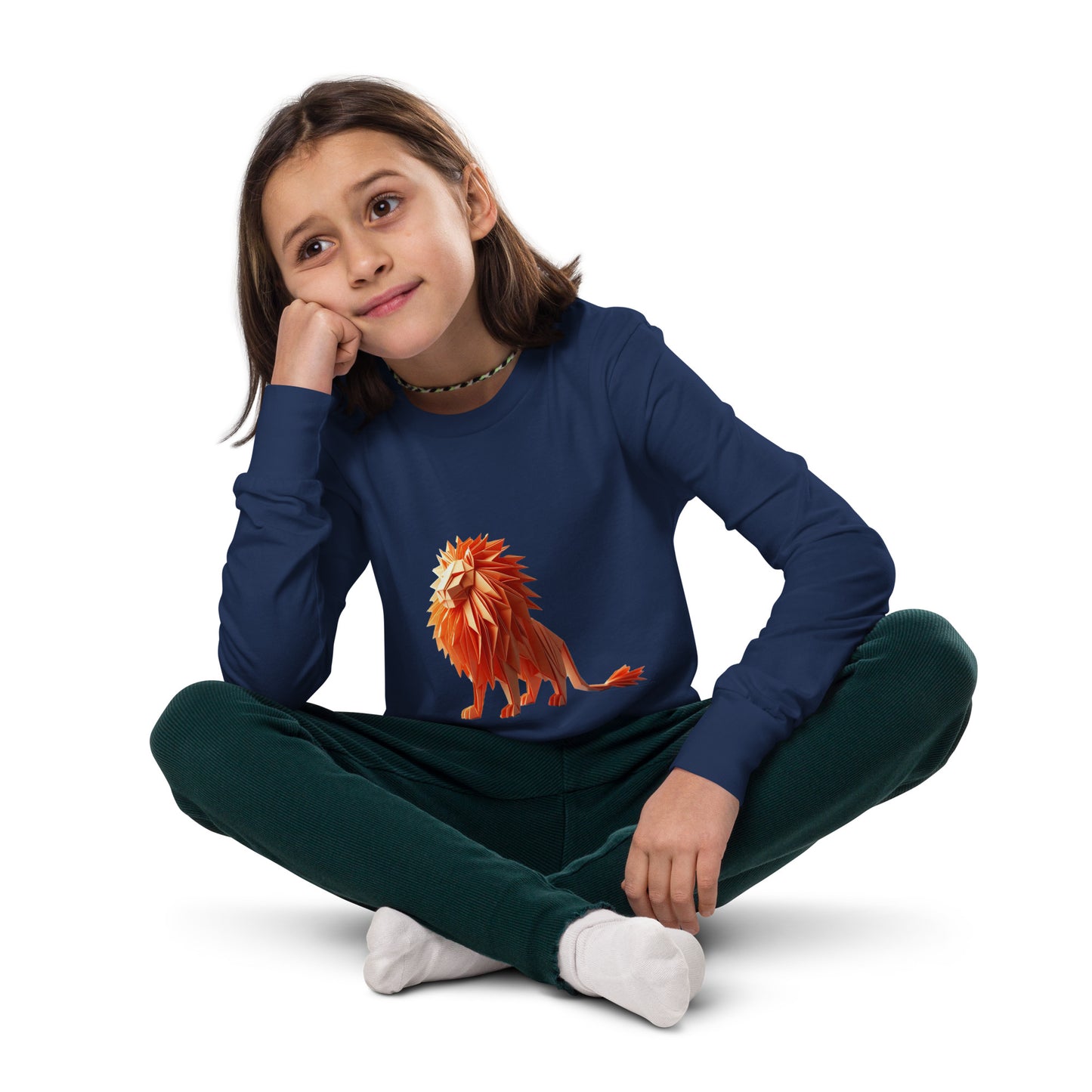Teenager with a navy long sleeve T-shirt with a print of a lion