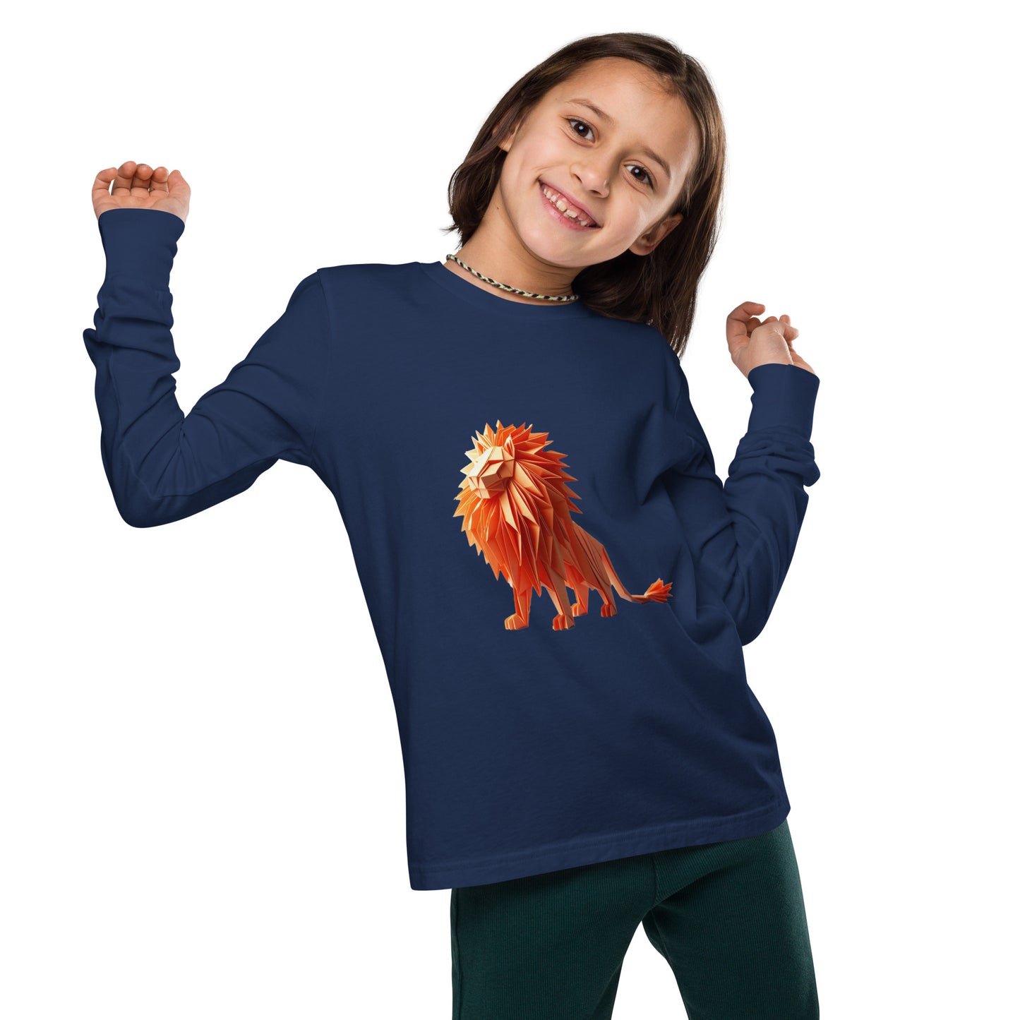 Teenager with a navy long sleeve T-shirt with a print of a lion