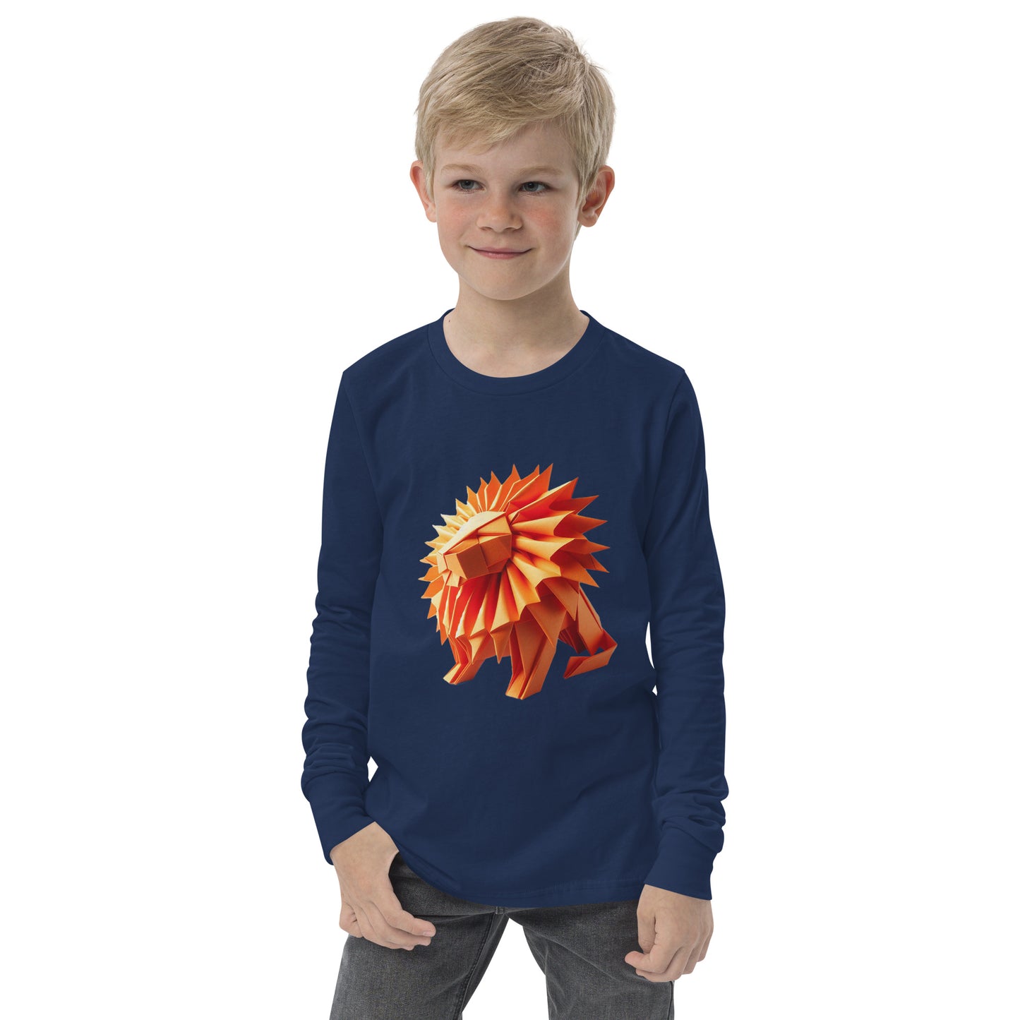 Youth with navy long sleeve T-shirt with print of a lion