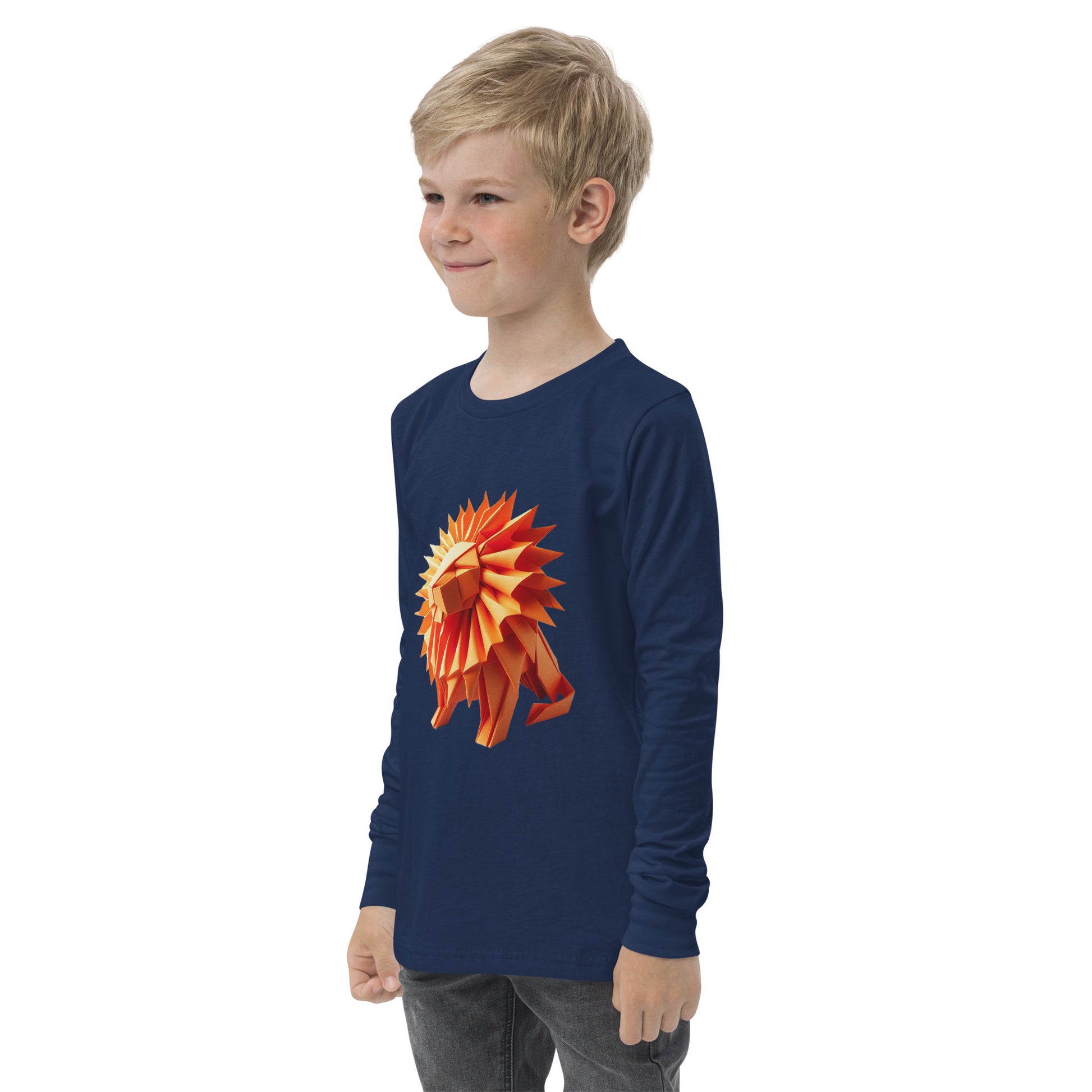 Youth with navy long sleeve T-shirt with print of a lion