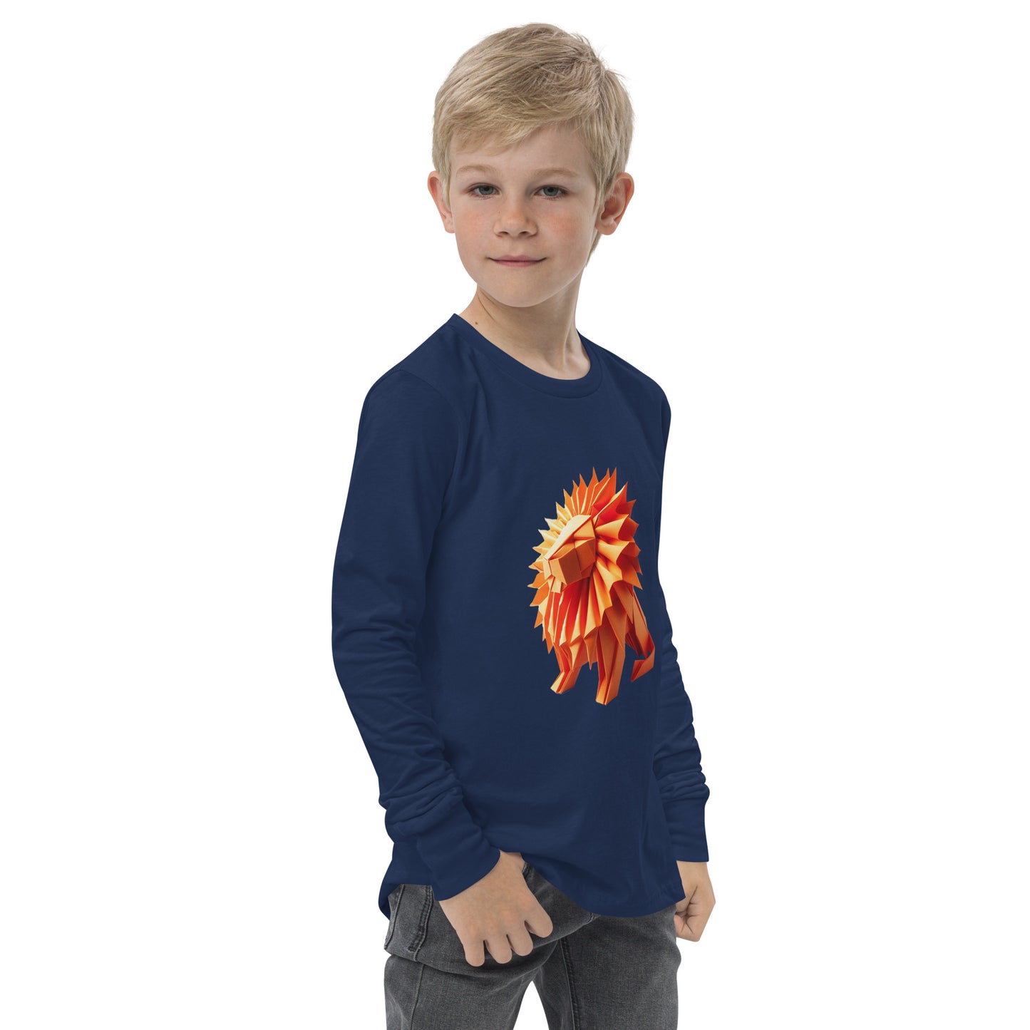Youth with navy long sleeve T-shirt with print of a lion