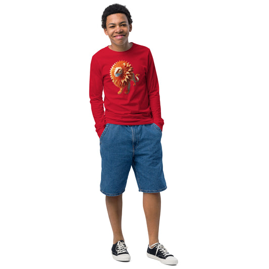Youth with red T-shirt with long sleeve with print of a lion