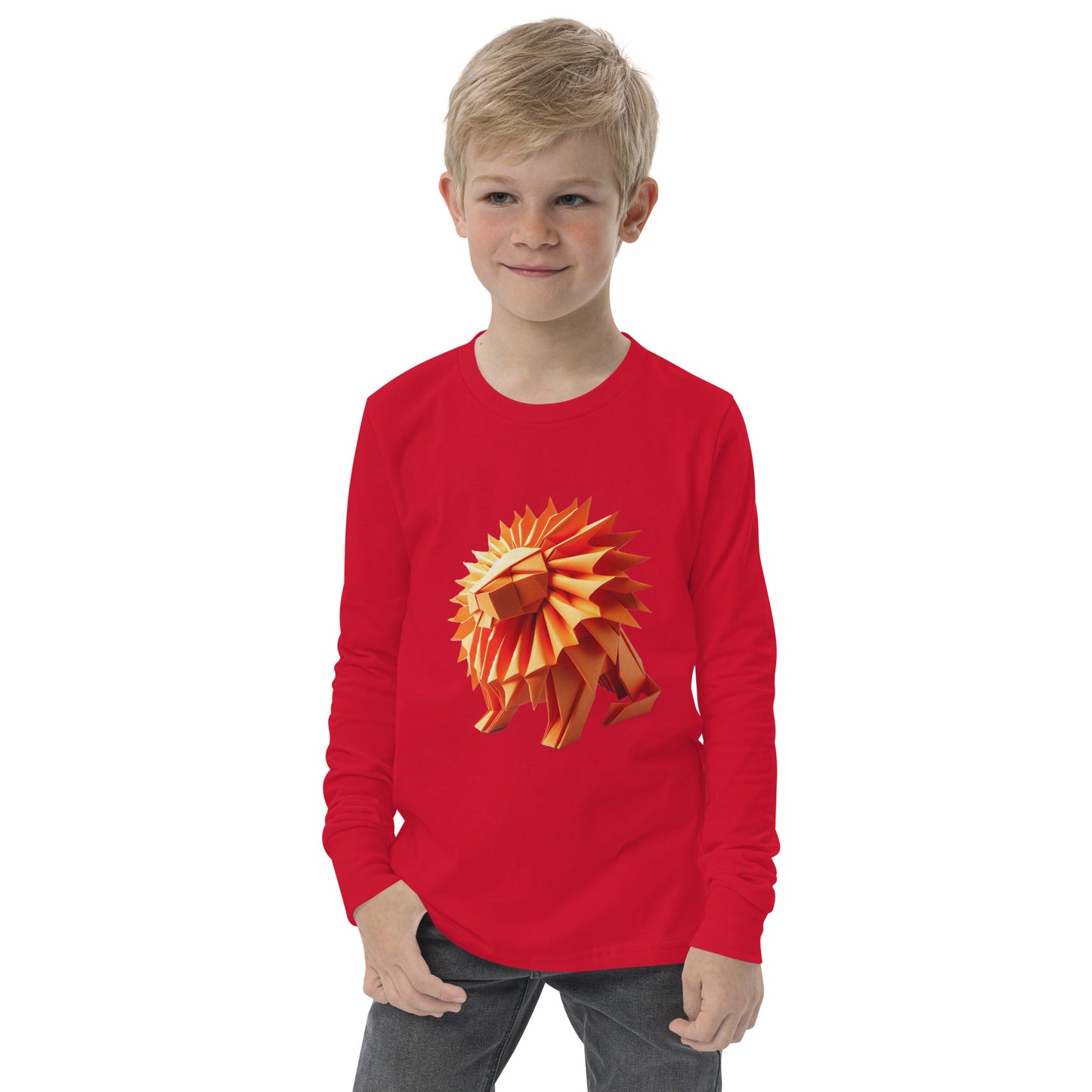 Youth with red long sleeve T-shirt with print of a lion