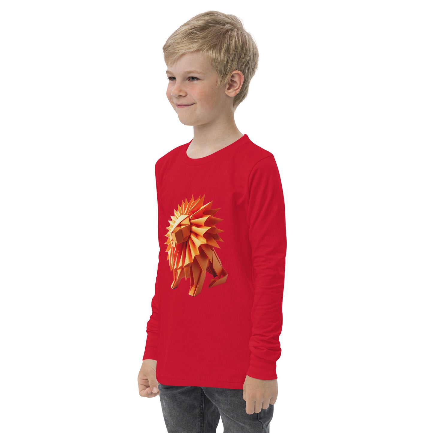 Youth with red long sleeve T-shirt with print of a lion