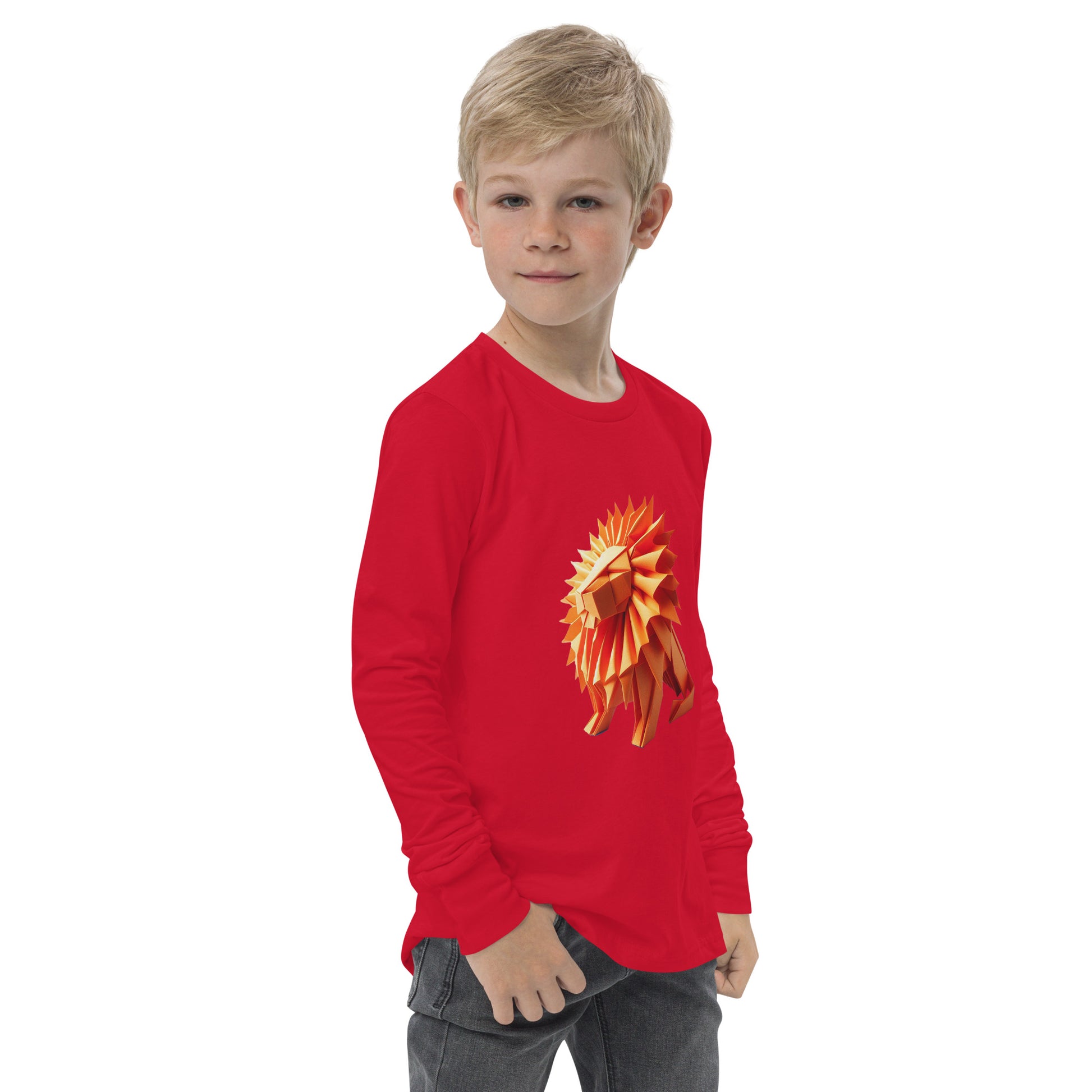 Youth with red long sleeve T-shirt with print of a lion
