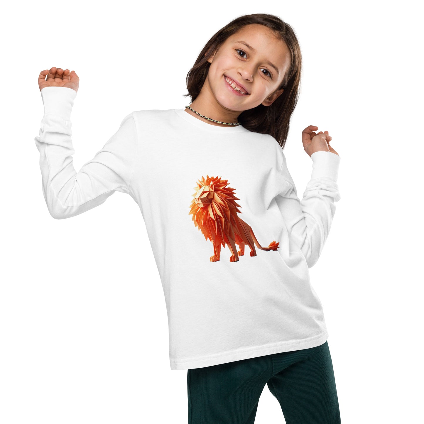 Teenager with a white long sleeve T-shirt with a print of a lion