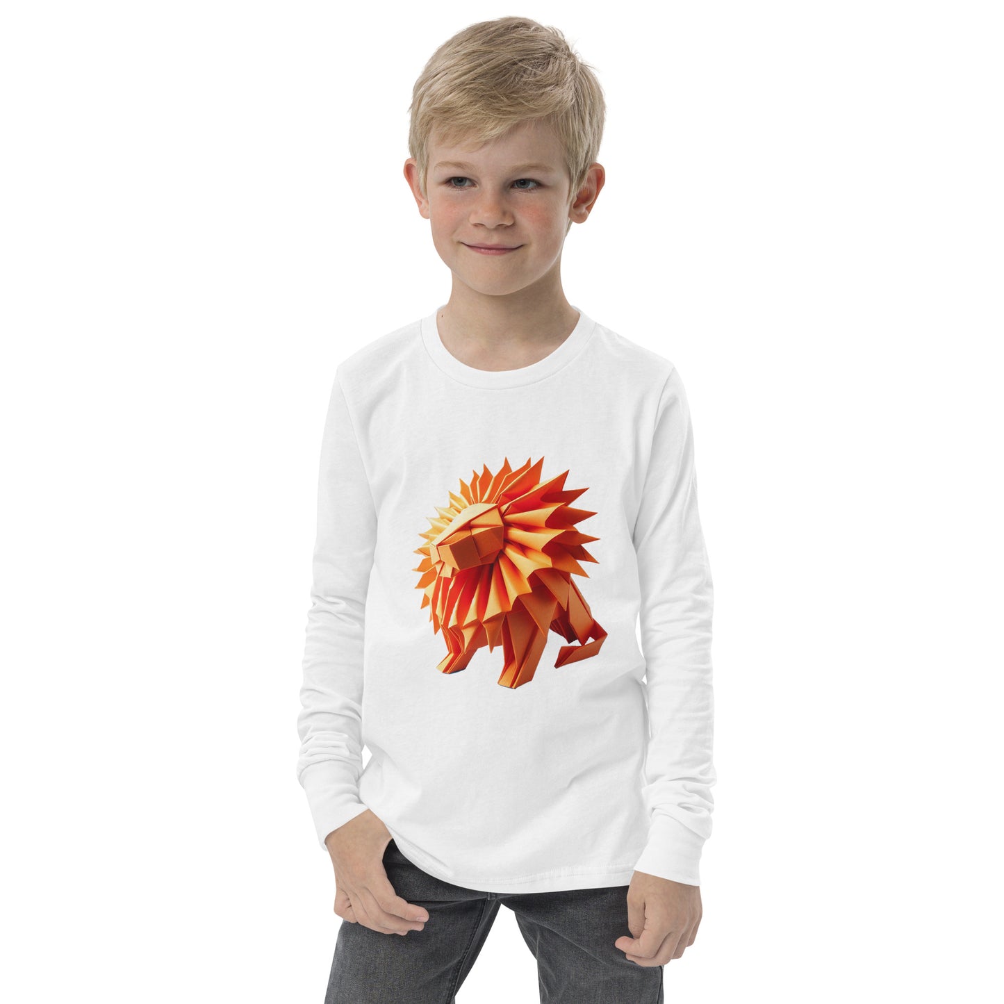 Youth with white long sleeve T-shirt with print of a lion