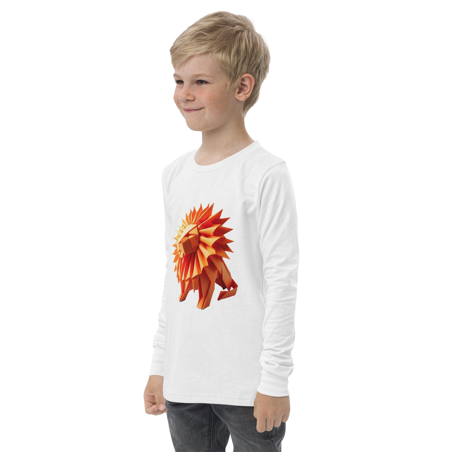 Youth with white long sleeve T-shirt with print of a lion
