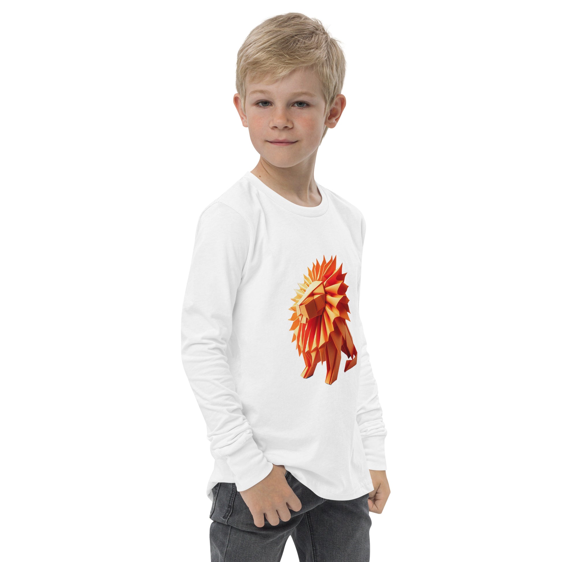Youth with white long sleeve T-shirt with print of a lion