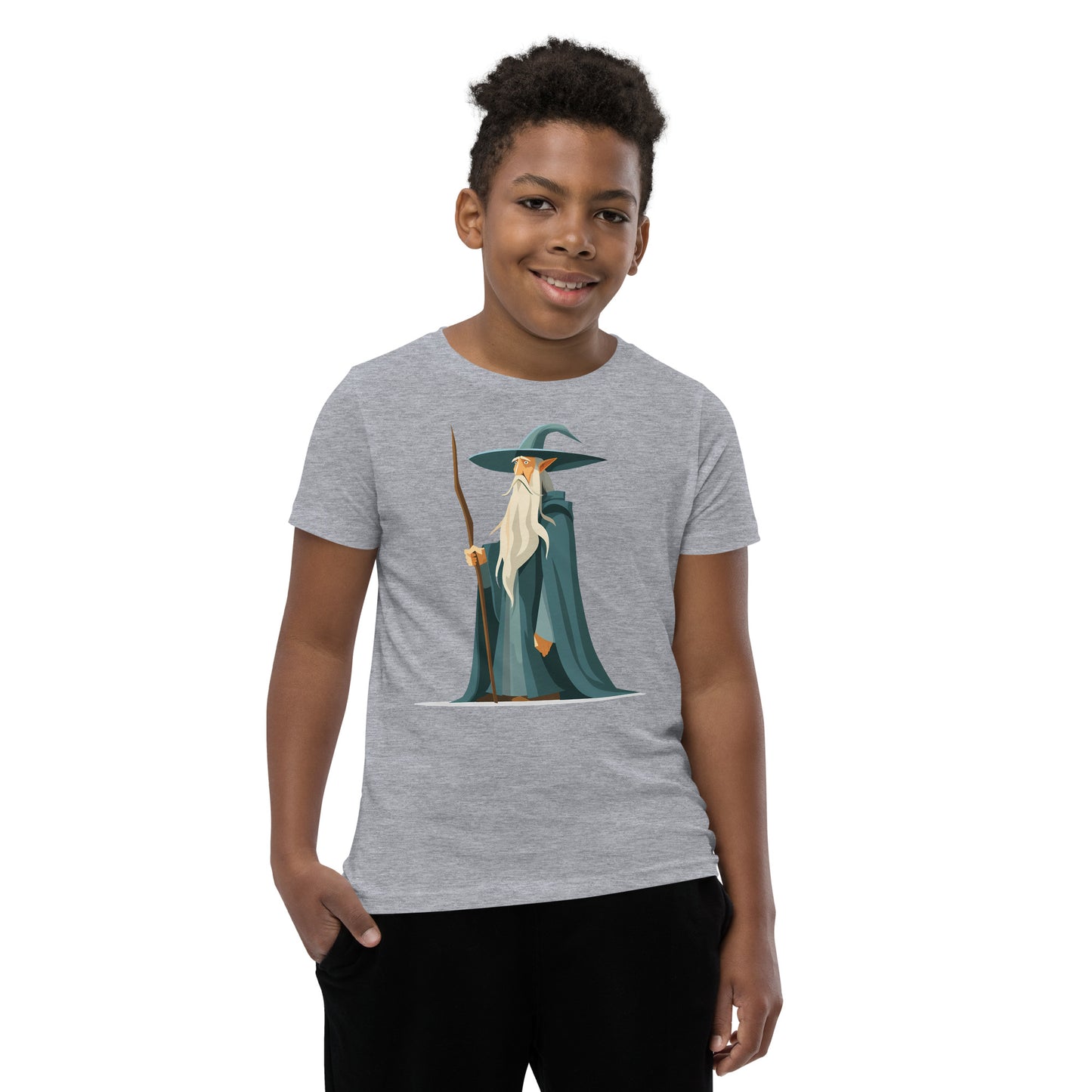 Boy with a grey T-shirt with a picture of a magician