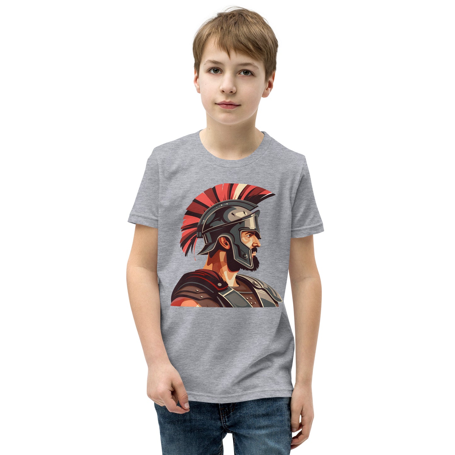 Teenager with a grey T-shirt with a print of a warrior