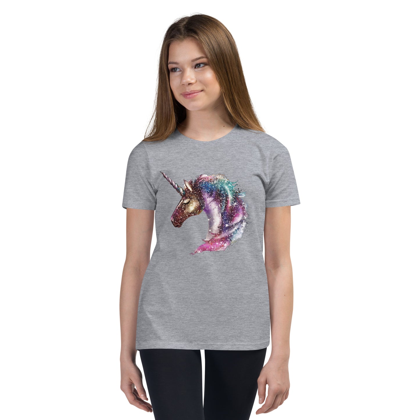 Girl with athletic grey T-shirt with print of a unicorn