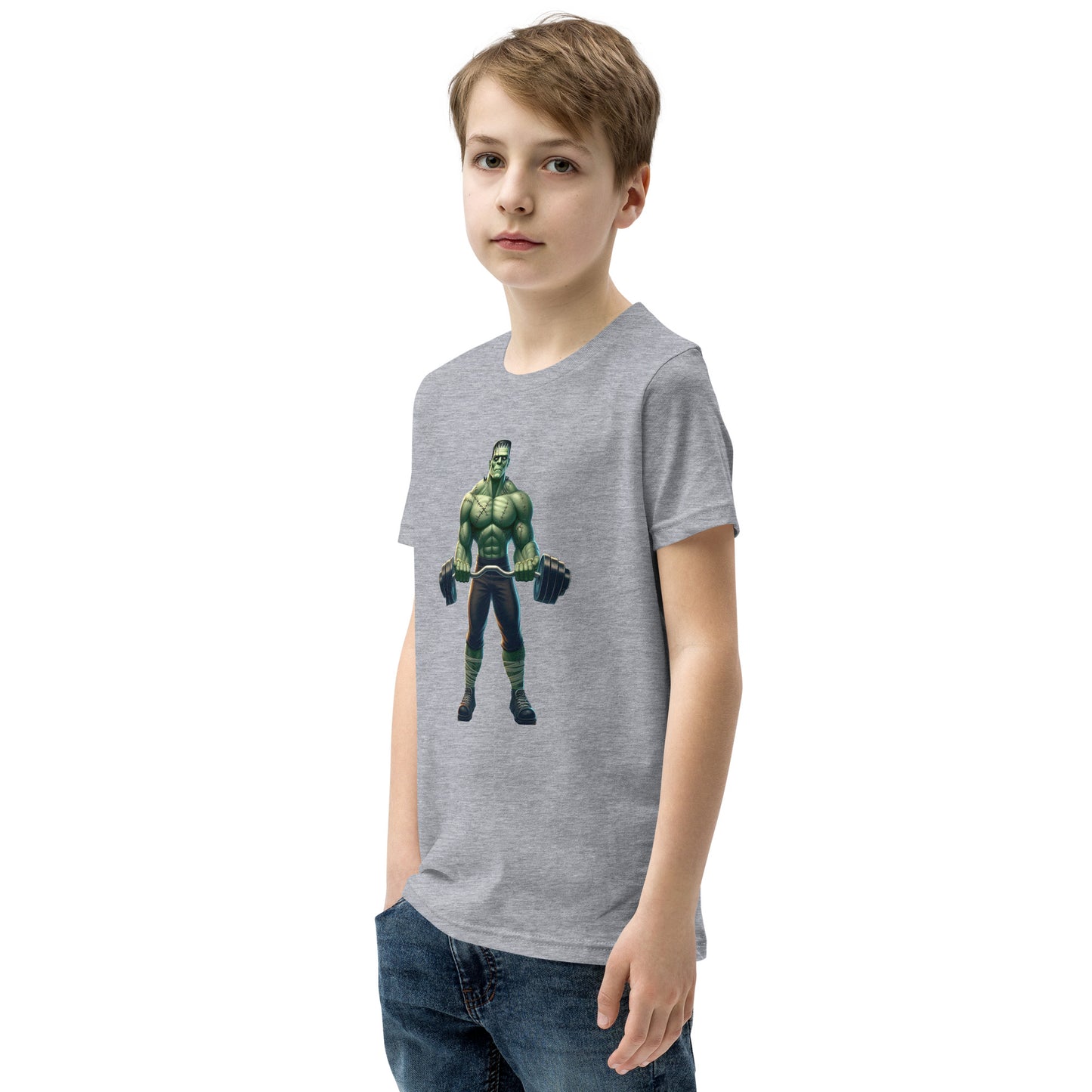 Youth with athletic grey T-shirt with a print of a bodybuilder