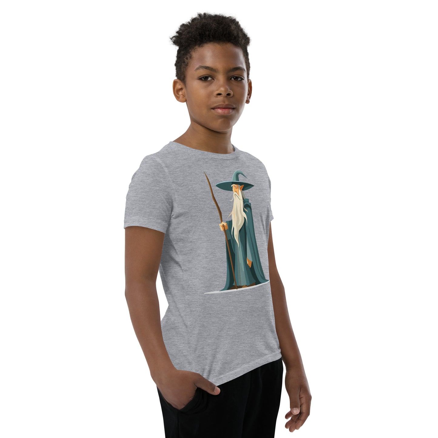 Boy with a grey T-shirt with a picture of a magician