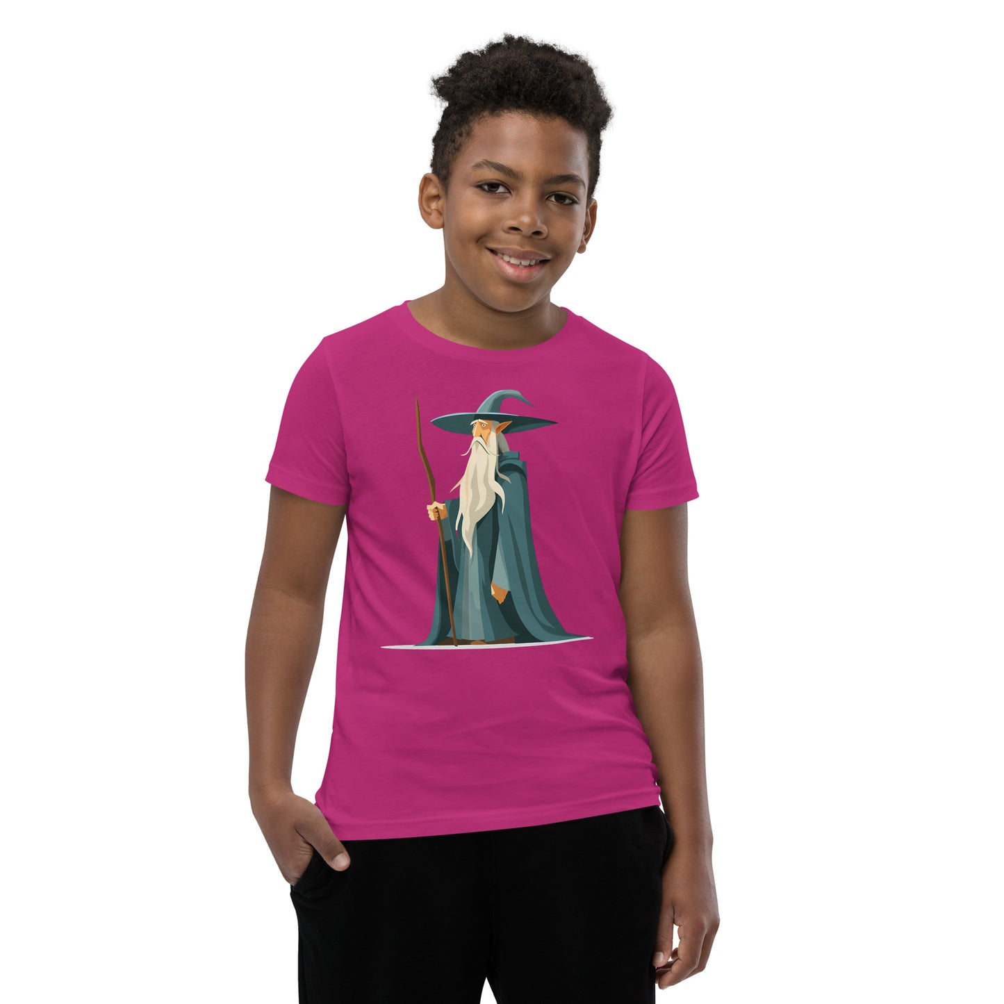 Boy with a berry T-shirt with a picture of a magician