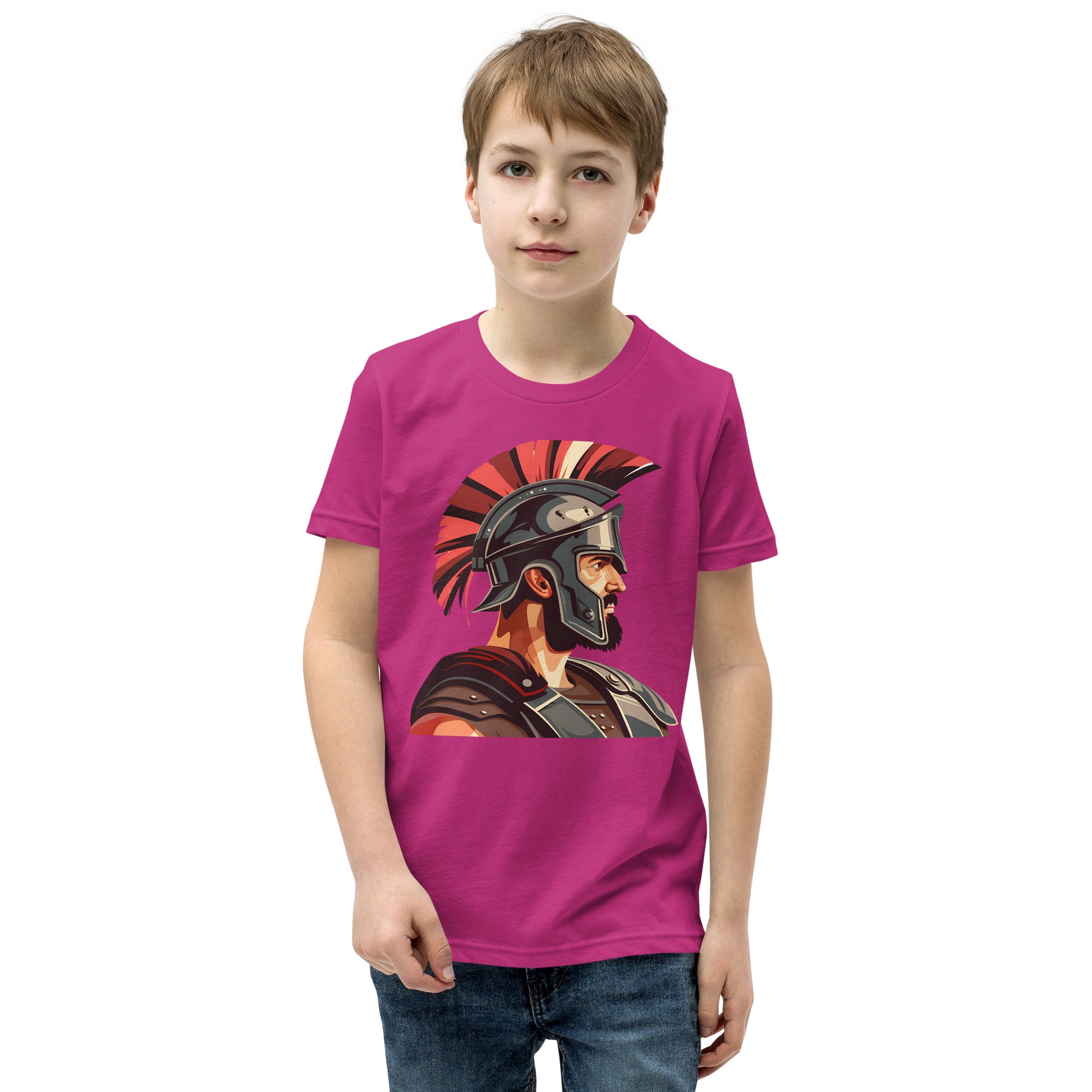 Teenager with a berry T-shirt with a print of a warrior