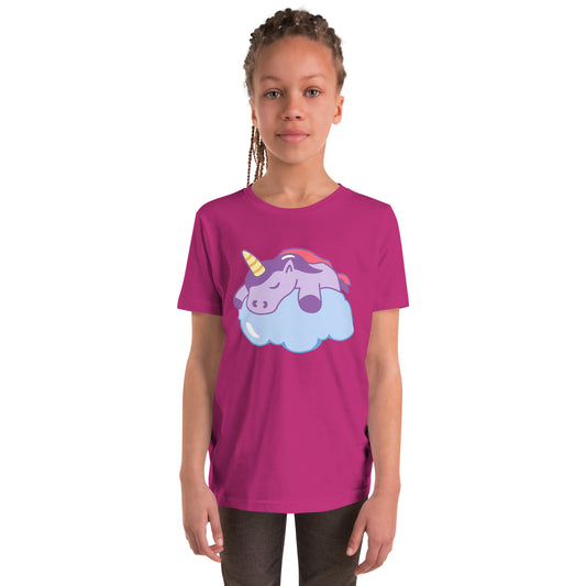 Youth with a berry T-shirt with a print of a sleeping unicorn on a cloud