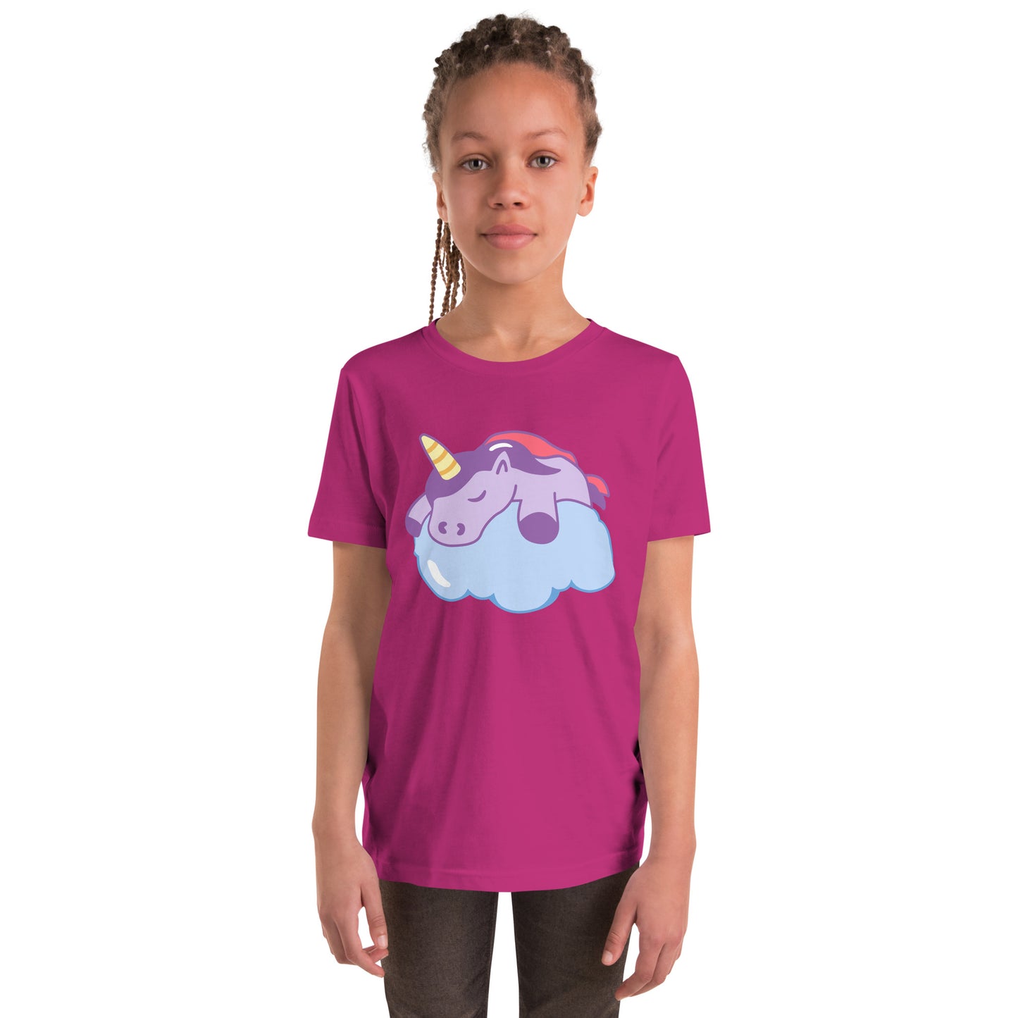 Youth with a berry T-shirt with a print of a sleeping unicorn on a cloud
