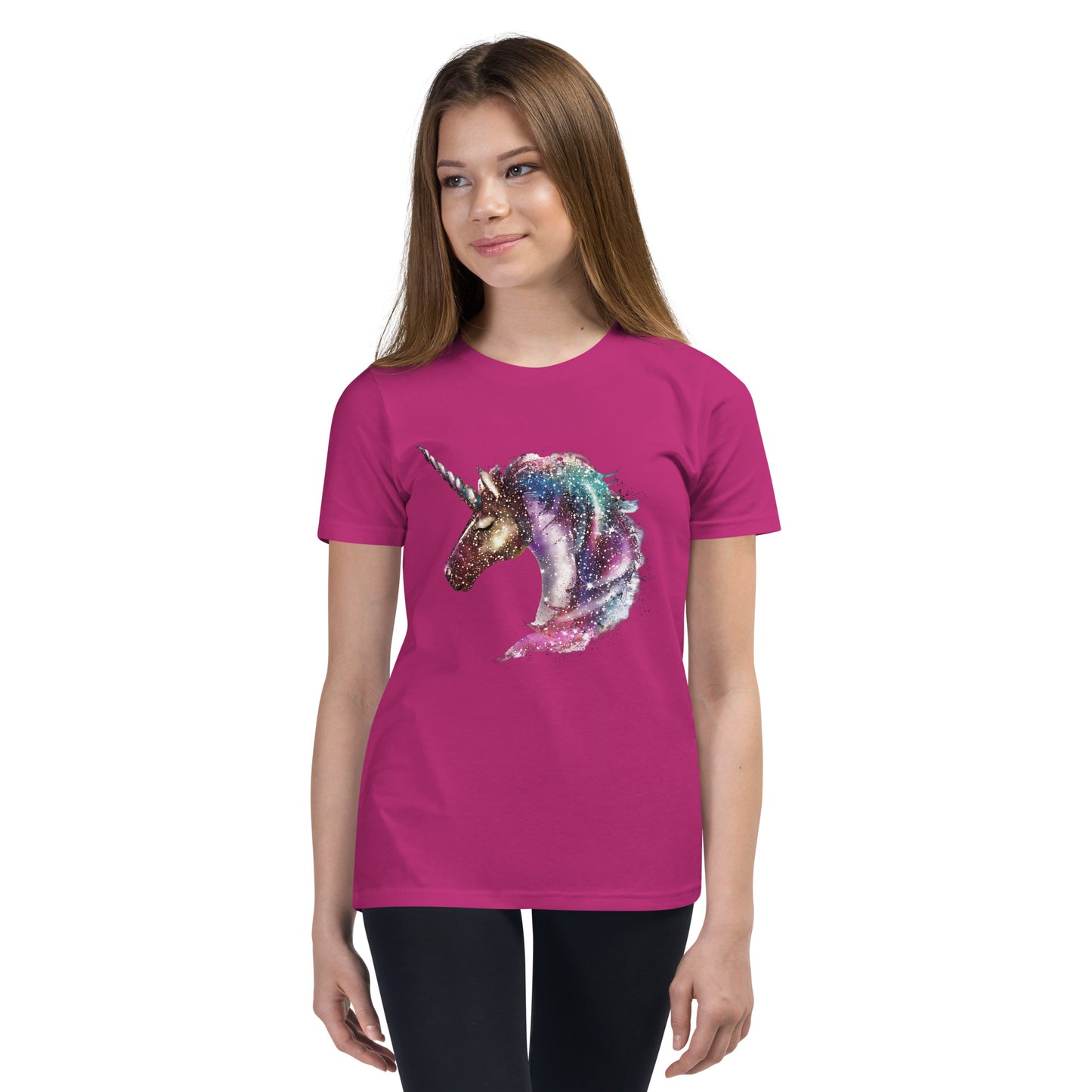 Girl with berry T-shirt with print of a unicorn