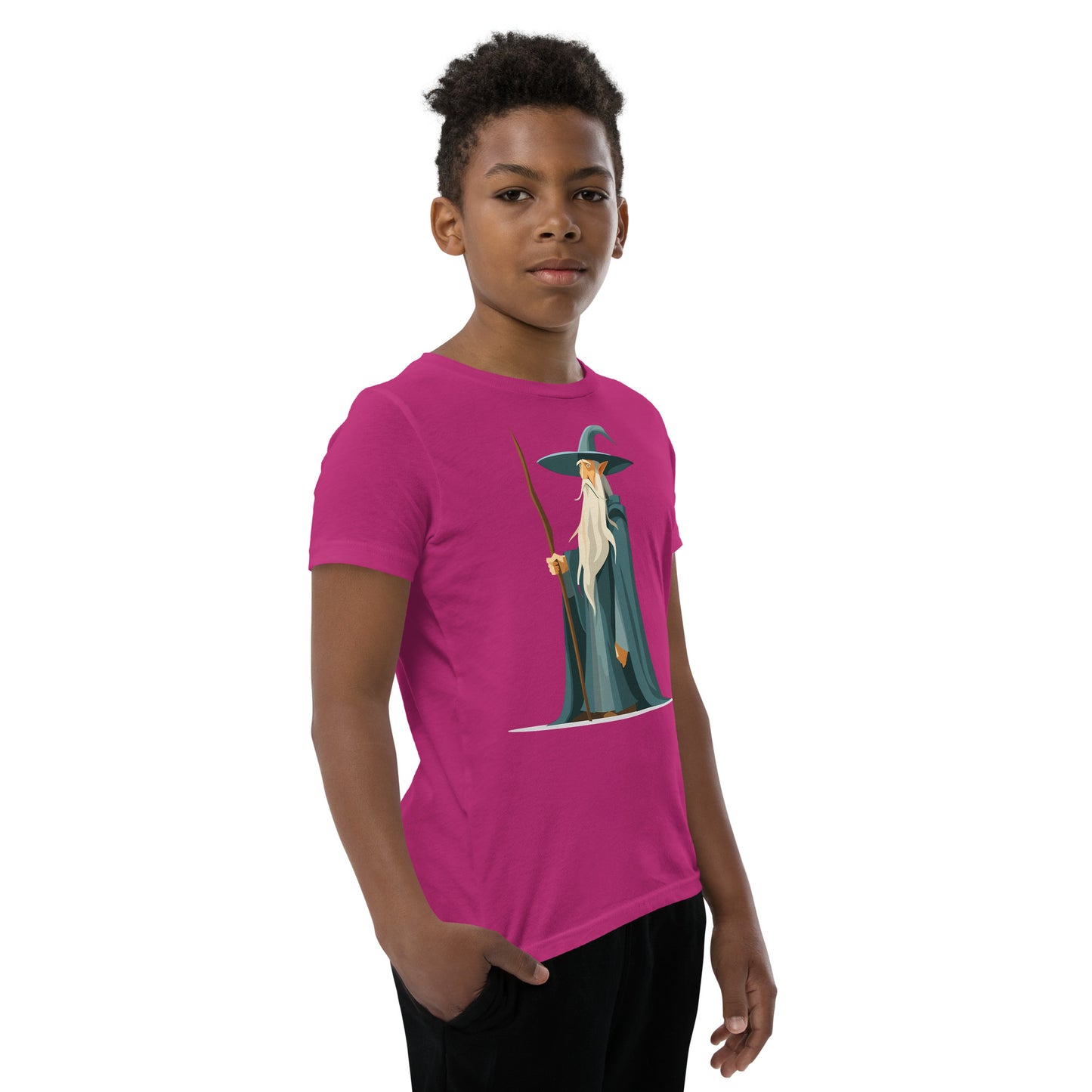 Boy with a berry T-shirt with a picture of a magician