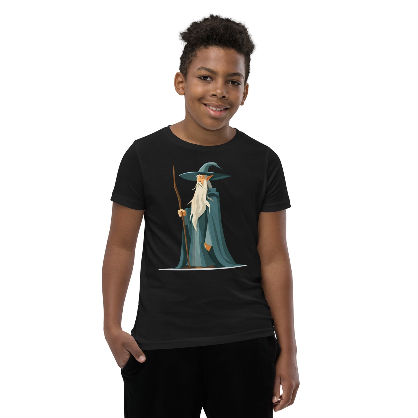 Boy with a black T-shirt with a picture of a magician