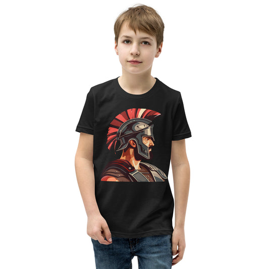 Teenager with a black T-shirt with a print of a warrior