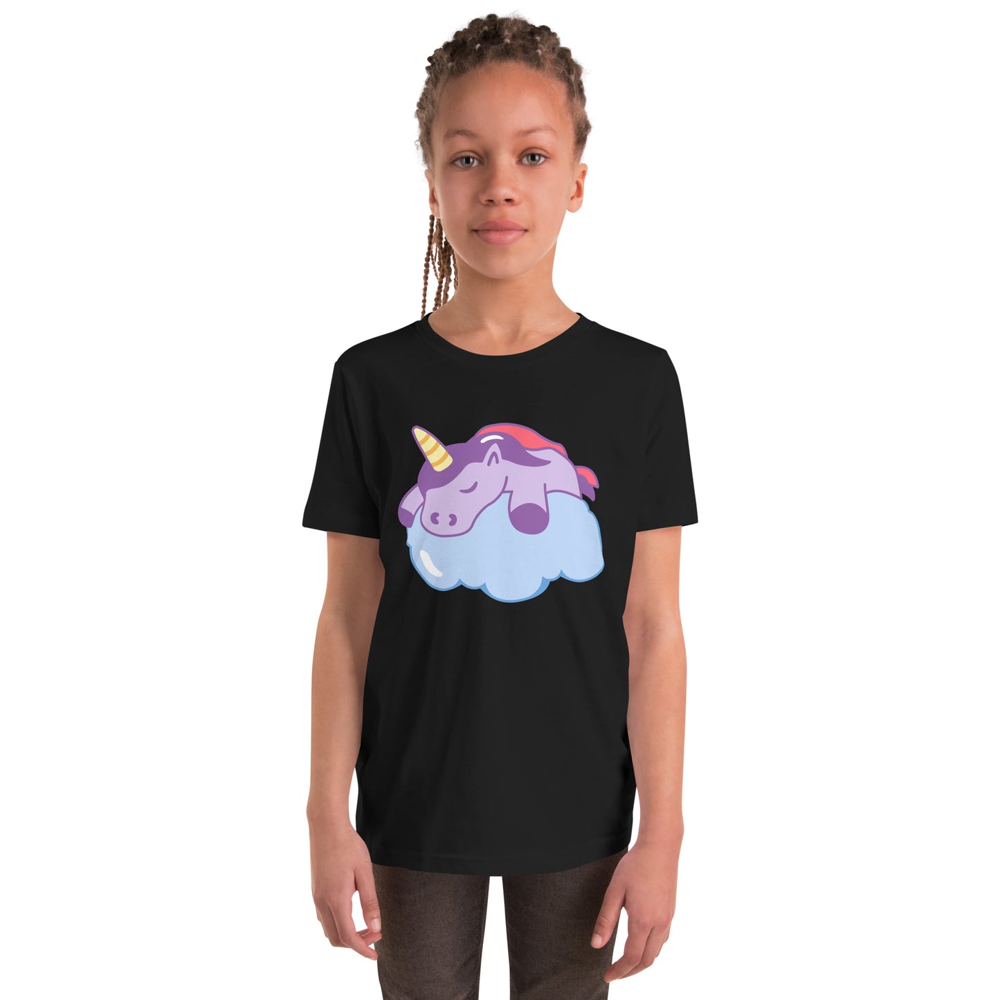Youth with a black T-shirt with a print of a sleeping unicorn on a cloud