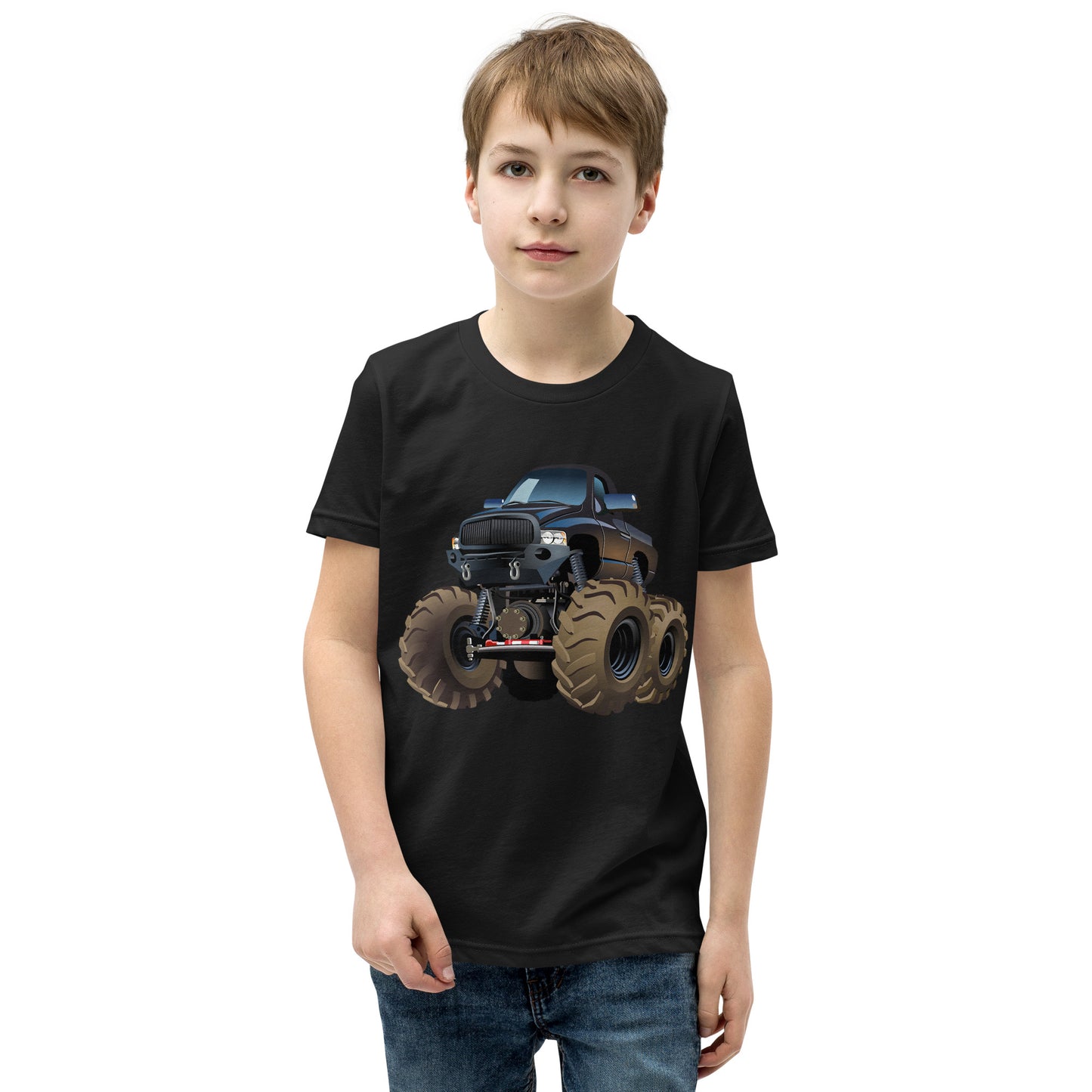 Boy with black T-shirt with picture of a monstertruck