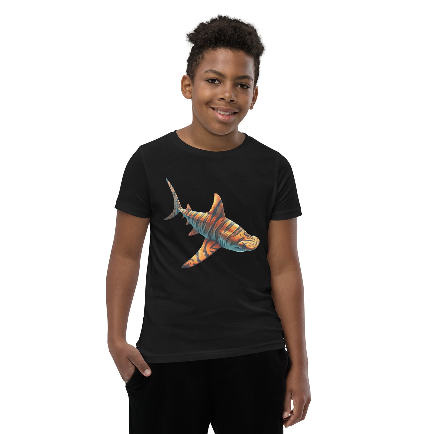 Youth with a black T-shirt and print of a hammerhead sharp