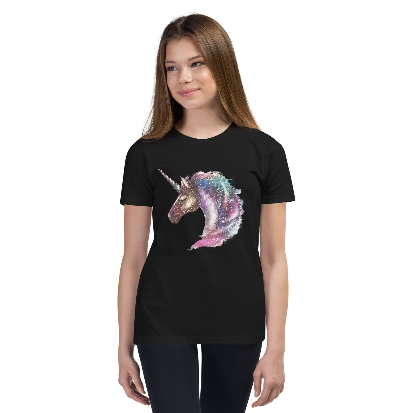 Girl with black T-shirt with print of a unicorn