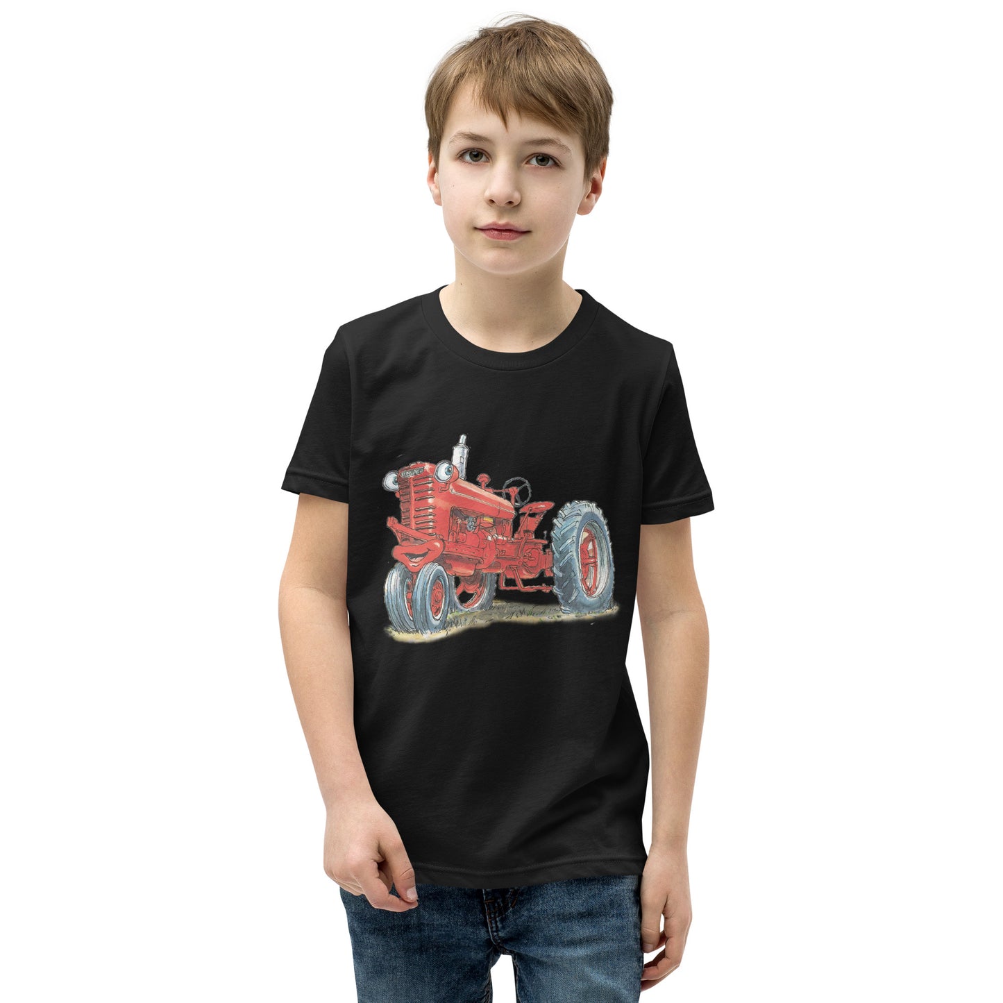 Youth black T-shirt with a print of a red tractor