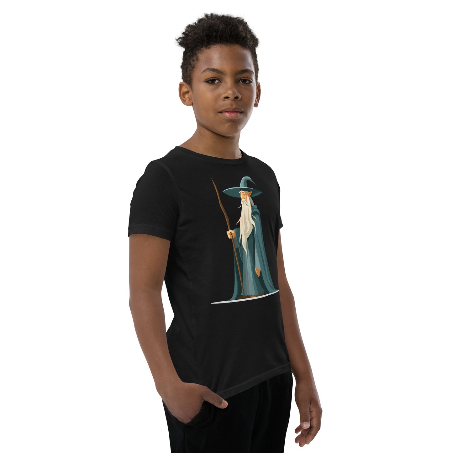Boy with a black T-shirt with a picture of a magician