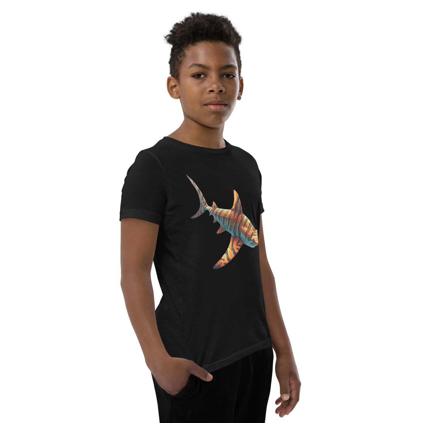 Youth with a black T-shirt and print of a hammerhead sharp