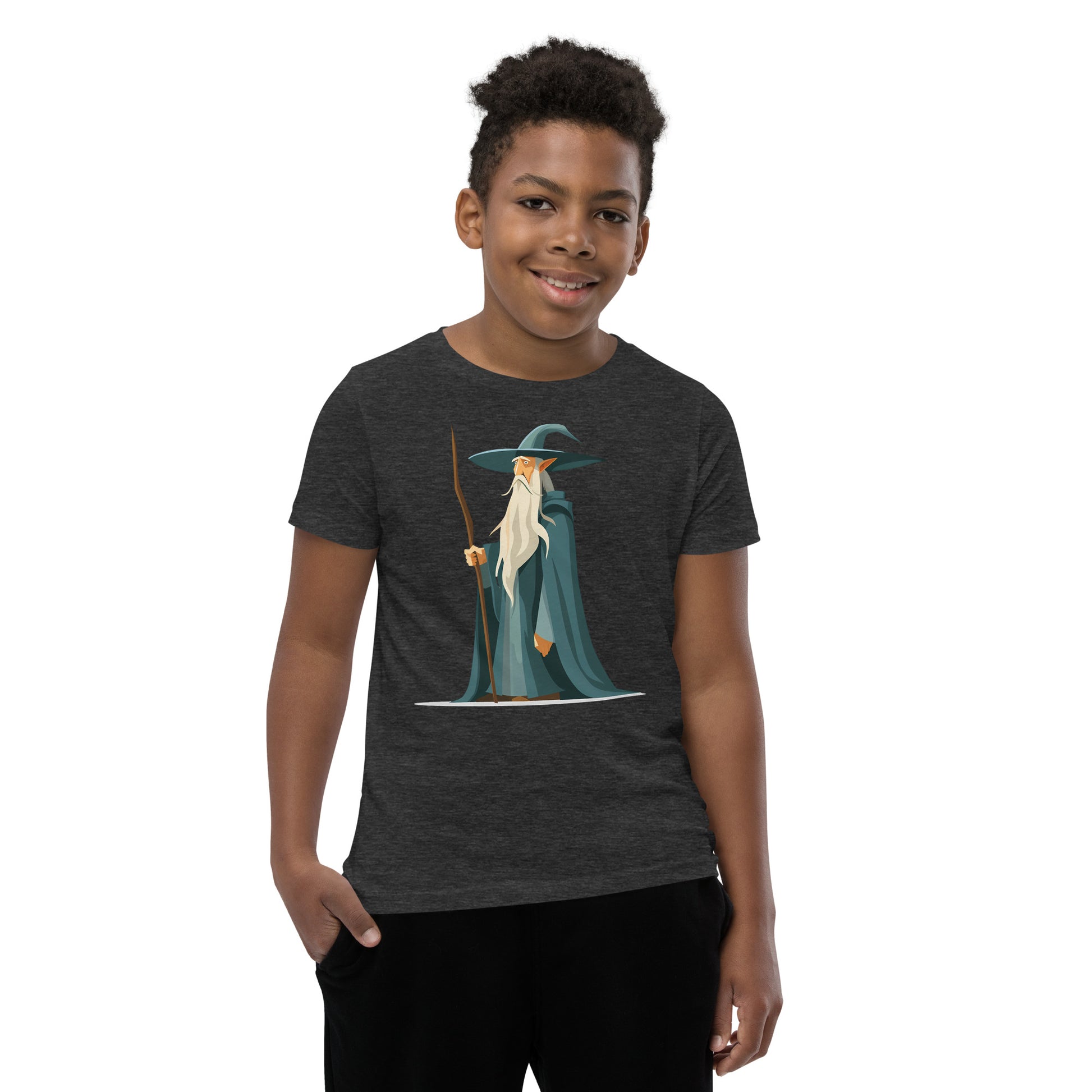 Boy with a dark grey T-shirt with a picture of a magician