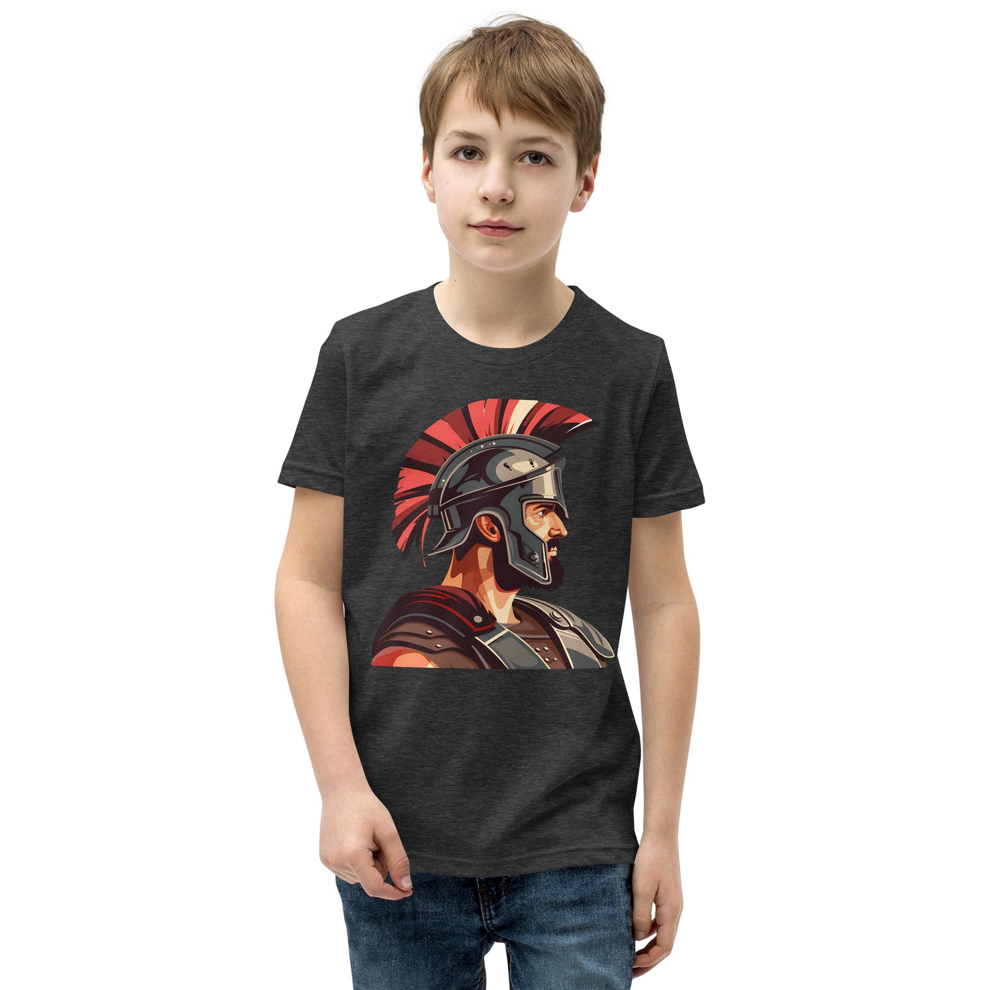 Teenager with a dark grey T-shirt with a print of a warrior