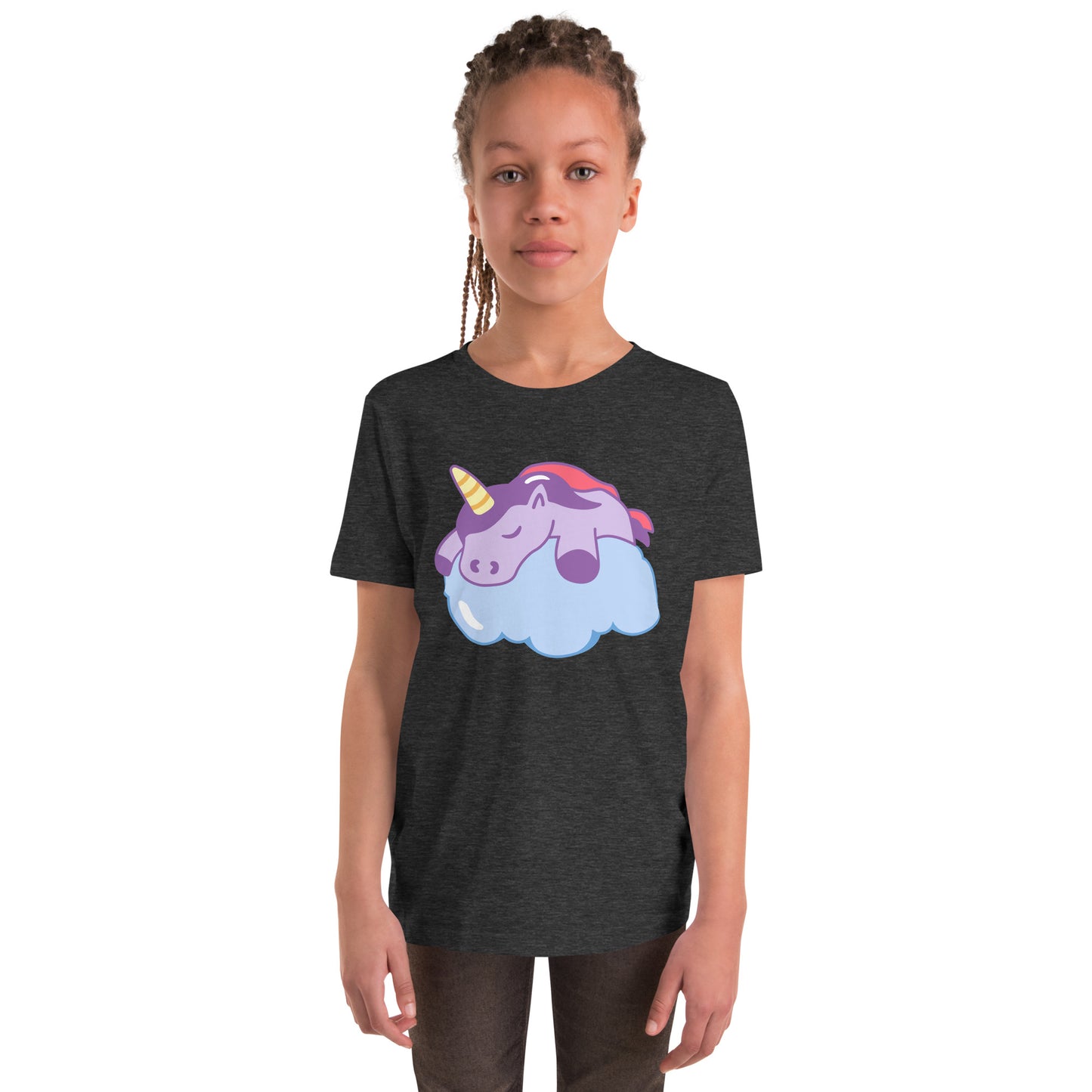 Youth with a dark grey T-shirt with a print of a sleeping unicorn on a cloud