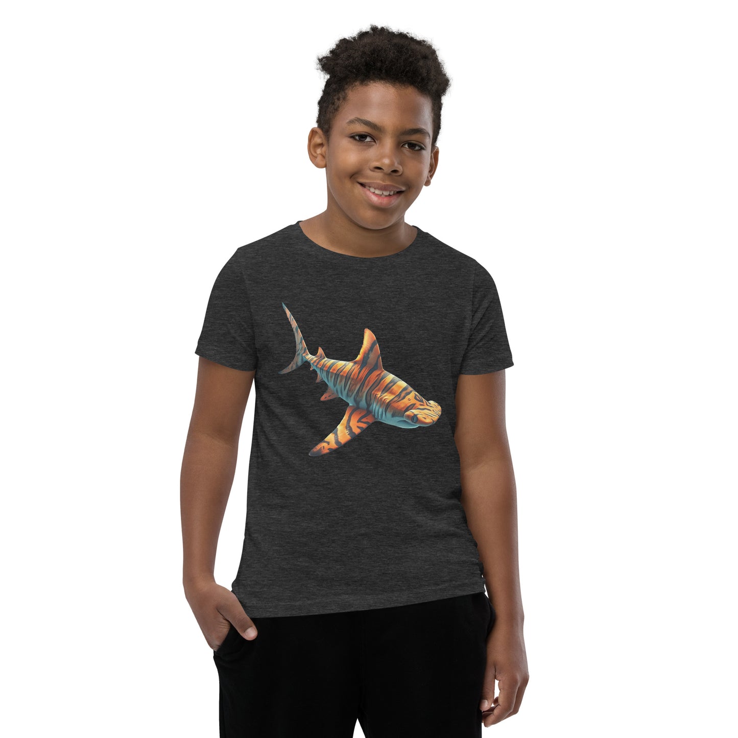 Youth with a dark grey T-shirt and print of a hammerhead sharp