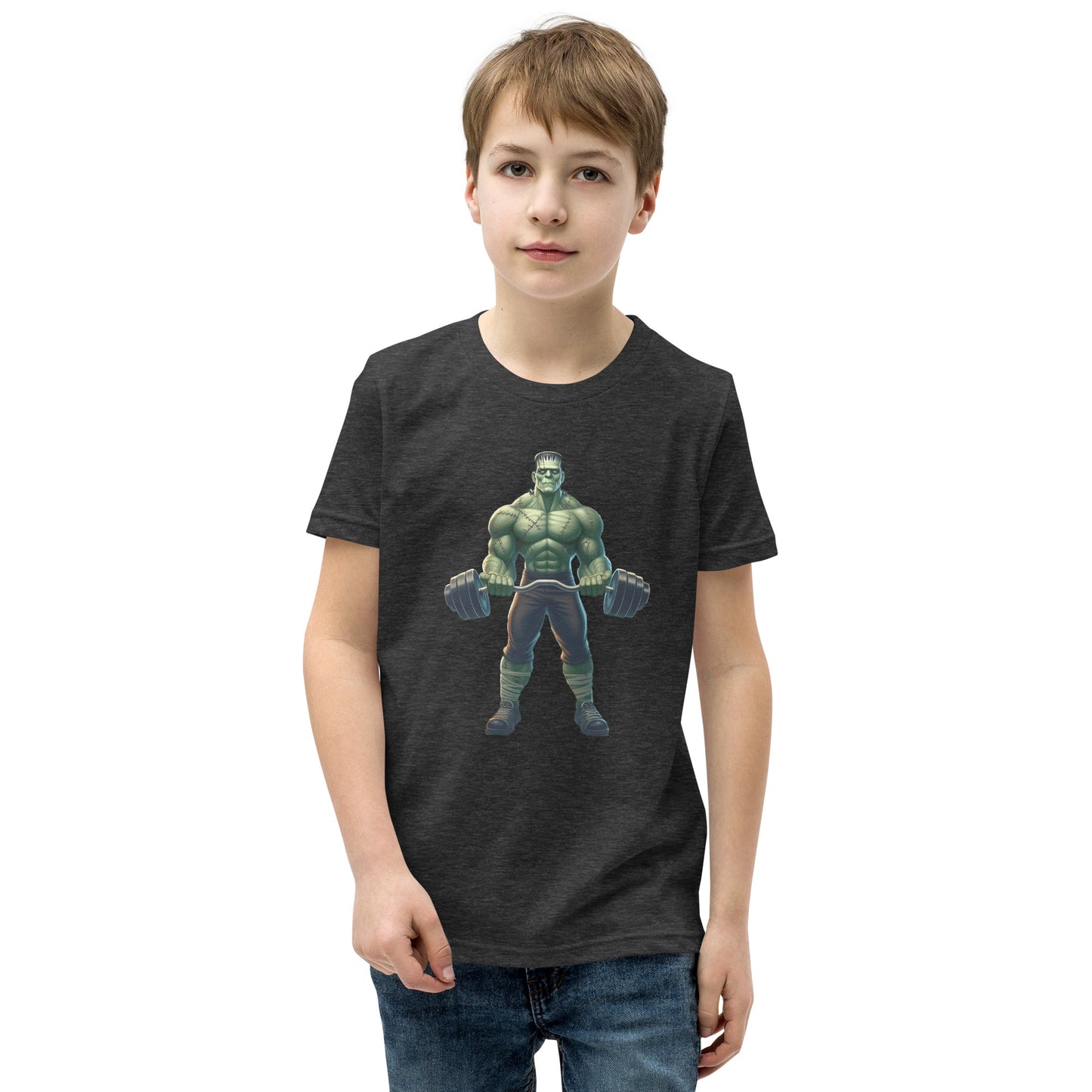 Youth with dark grey T-shirt with a print of a bodybuilder