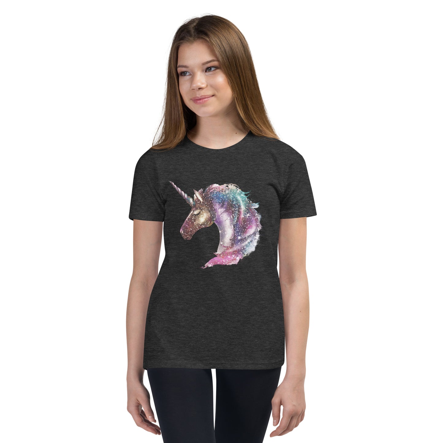 Girl with dark grey T-shirt with print of a unicorn