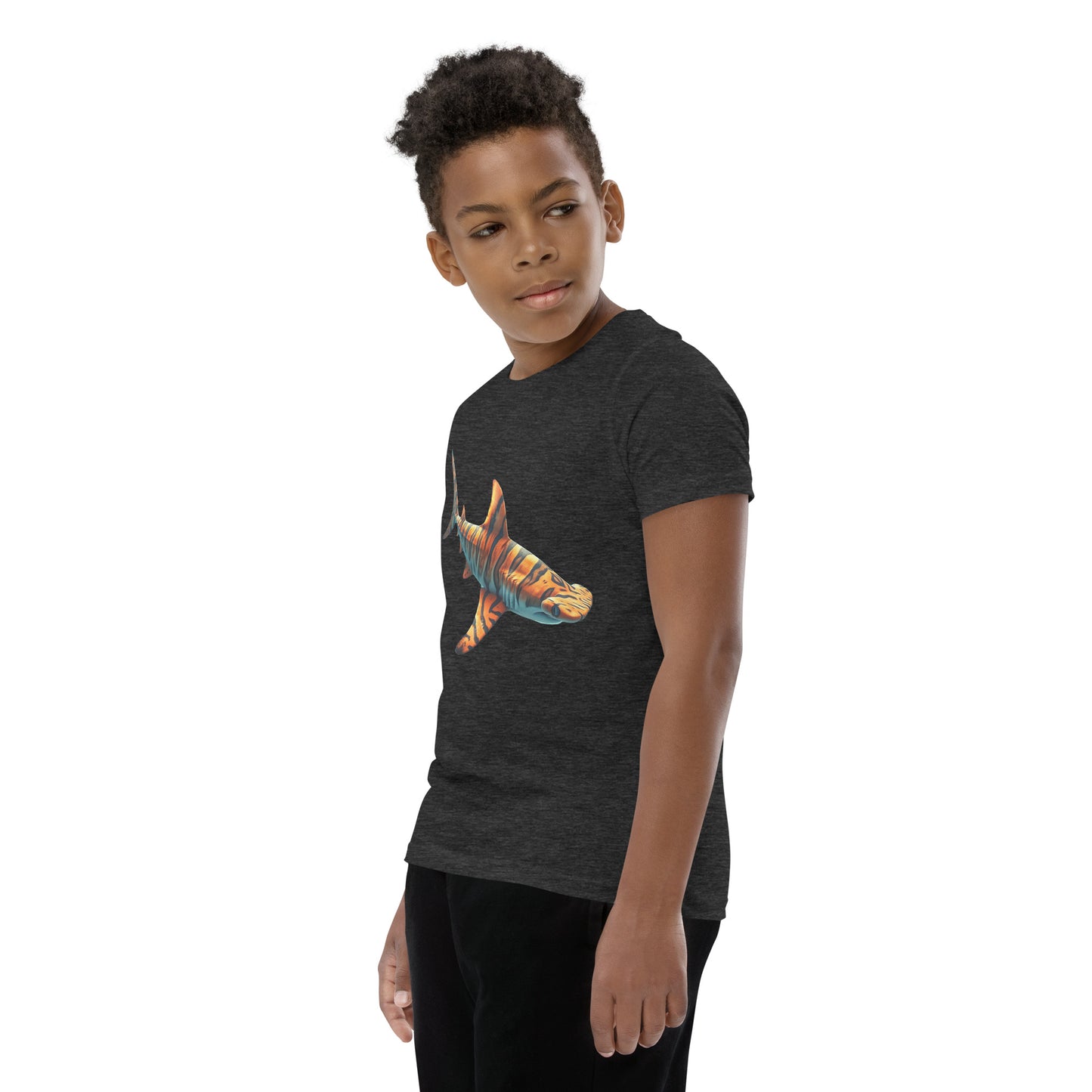 Youth with a dark grey T-shirt and print of a hammerhead sharp