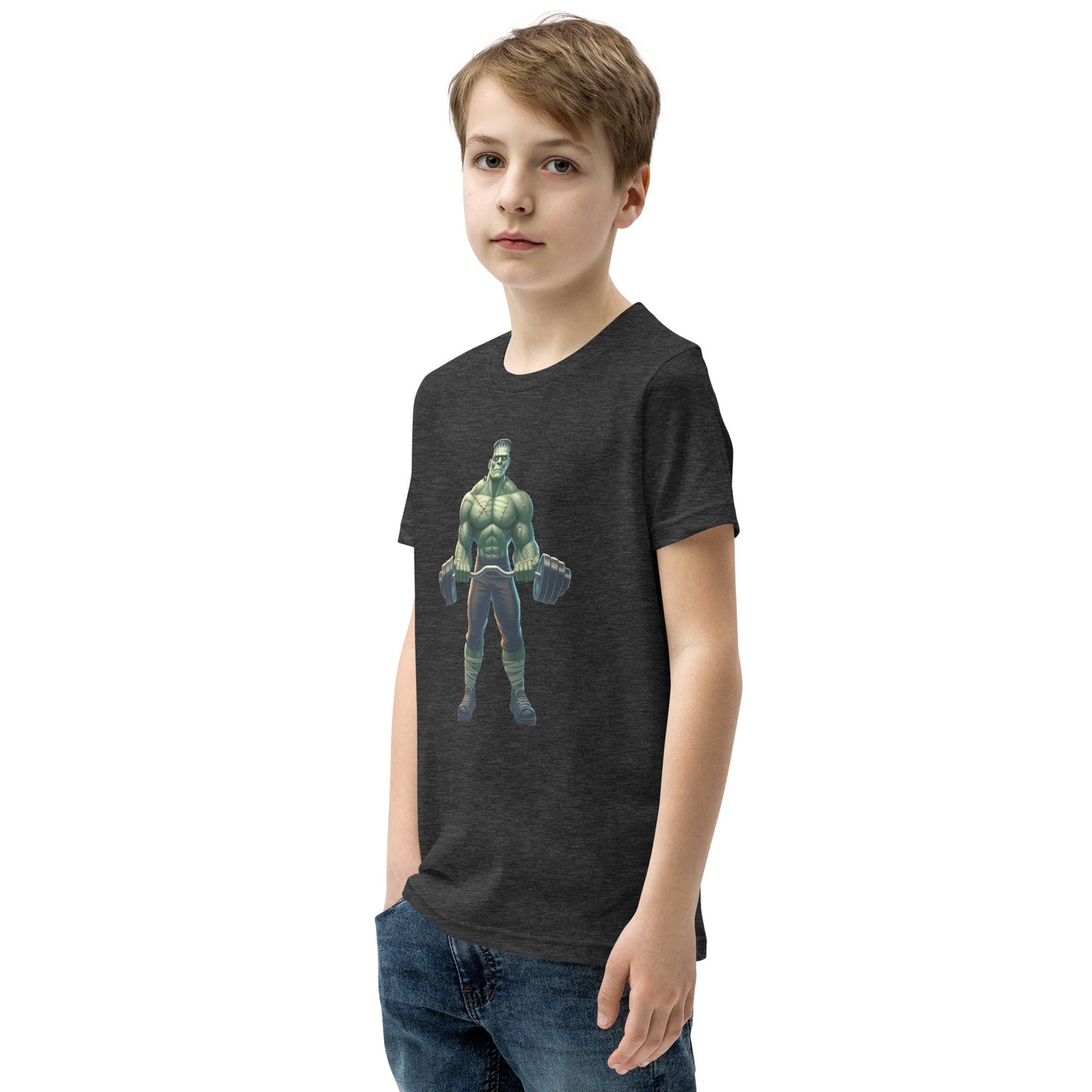 Youth with dark grey T-shirt with a print of a bodybuilder