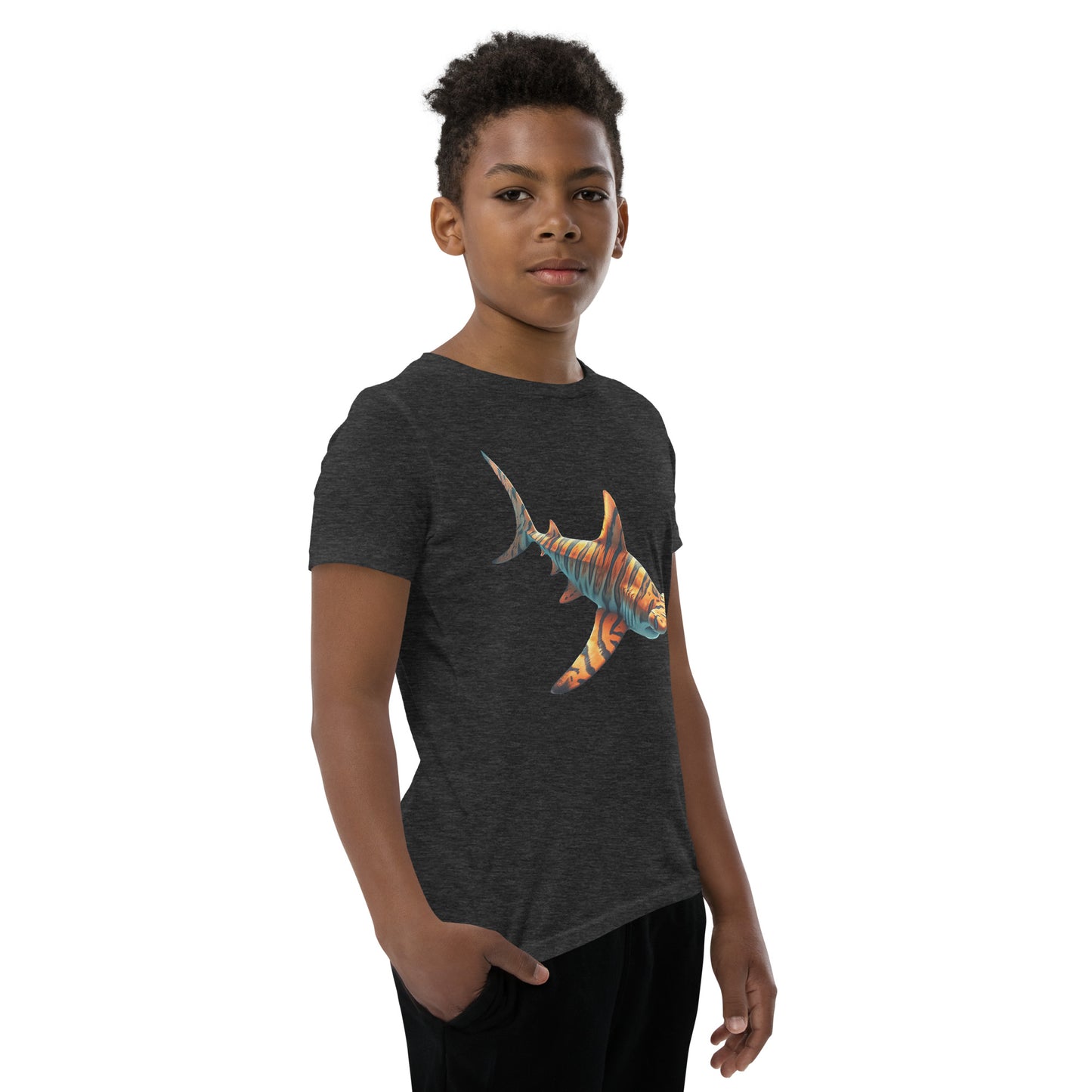 Youth with a dark grey T-shirt and print of a hammerhead sharp