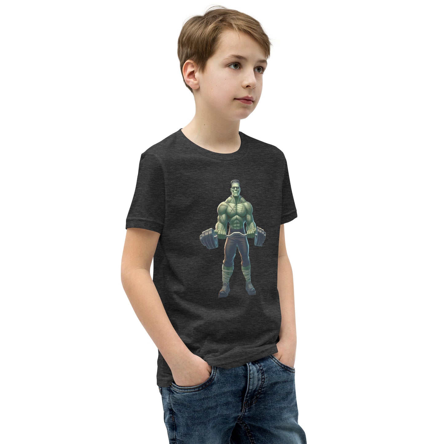 Youth with dark grey T-shirt with a print of a bodybuilder