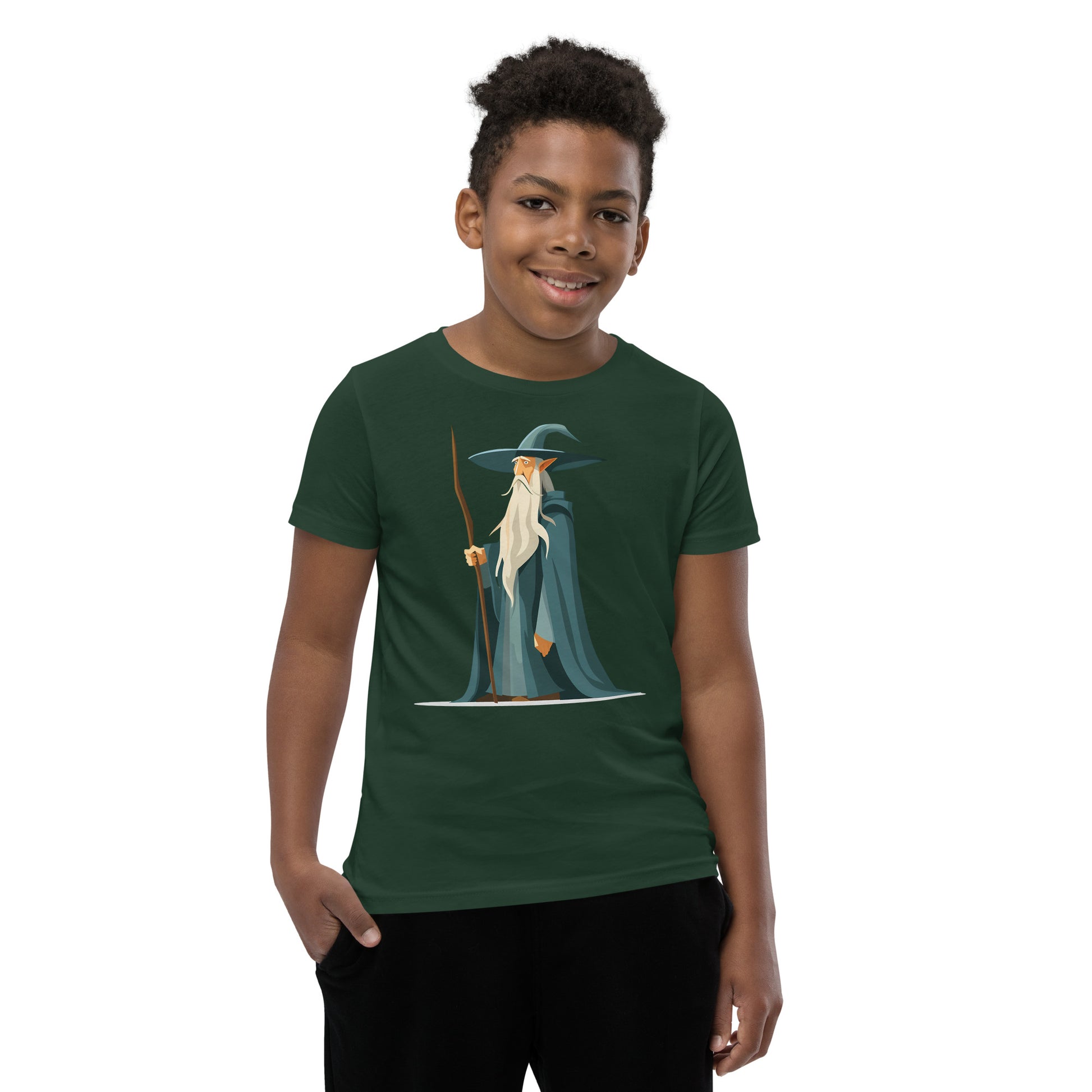Boy with a forest green T-shirt with a picture of a magician