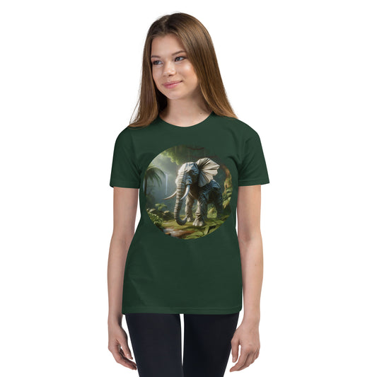 Youth with Forest green T-shirt with a print of a Elephant in the woud