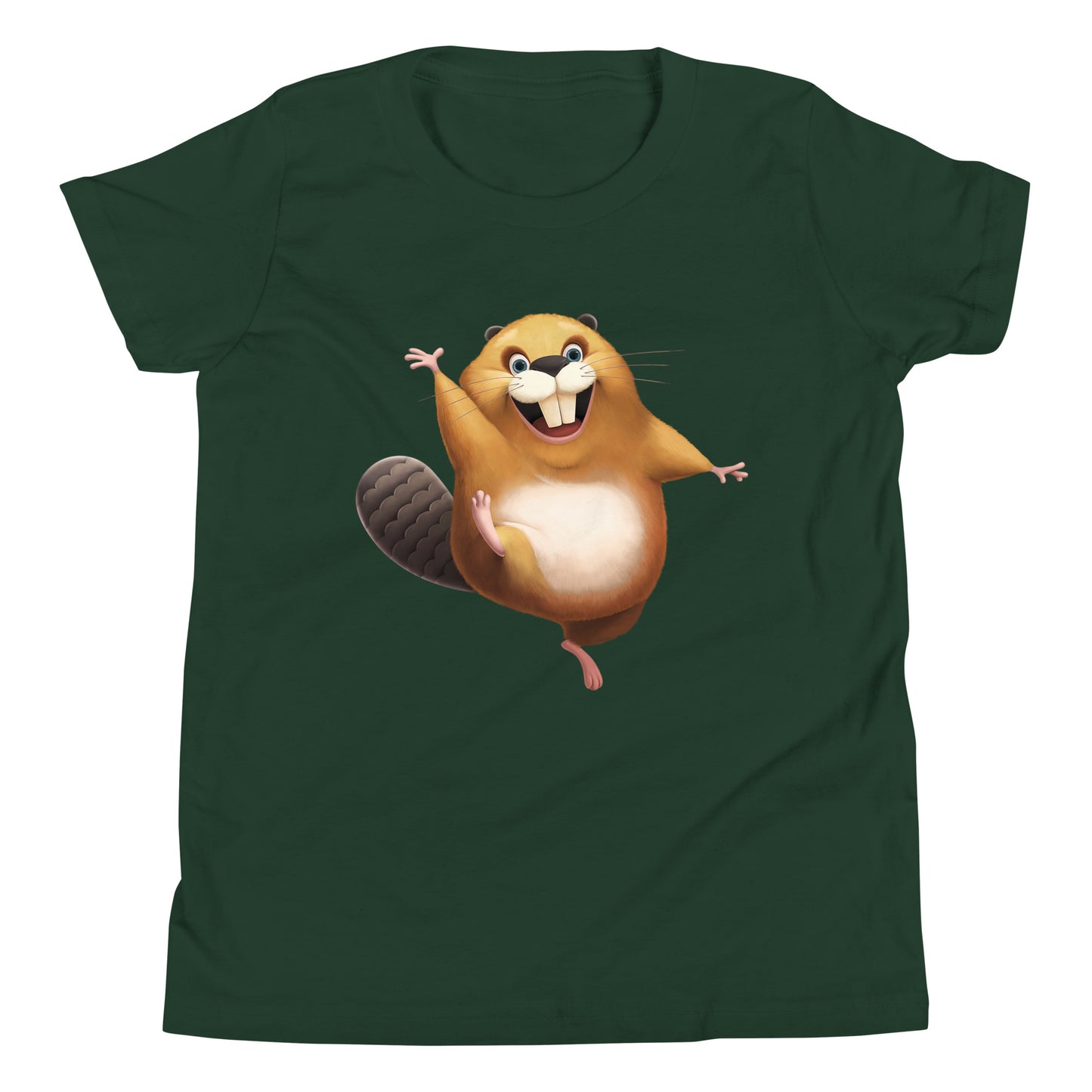 Forest green youth staple tee with happy beaver