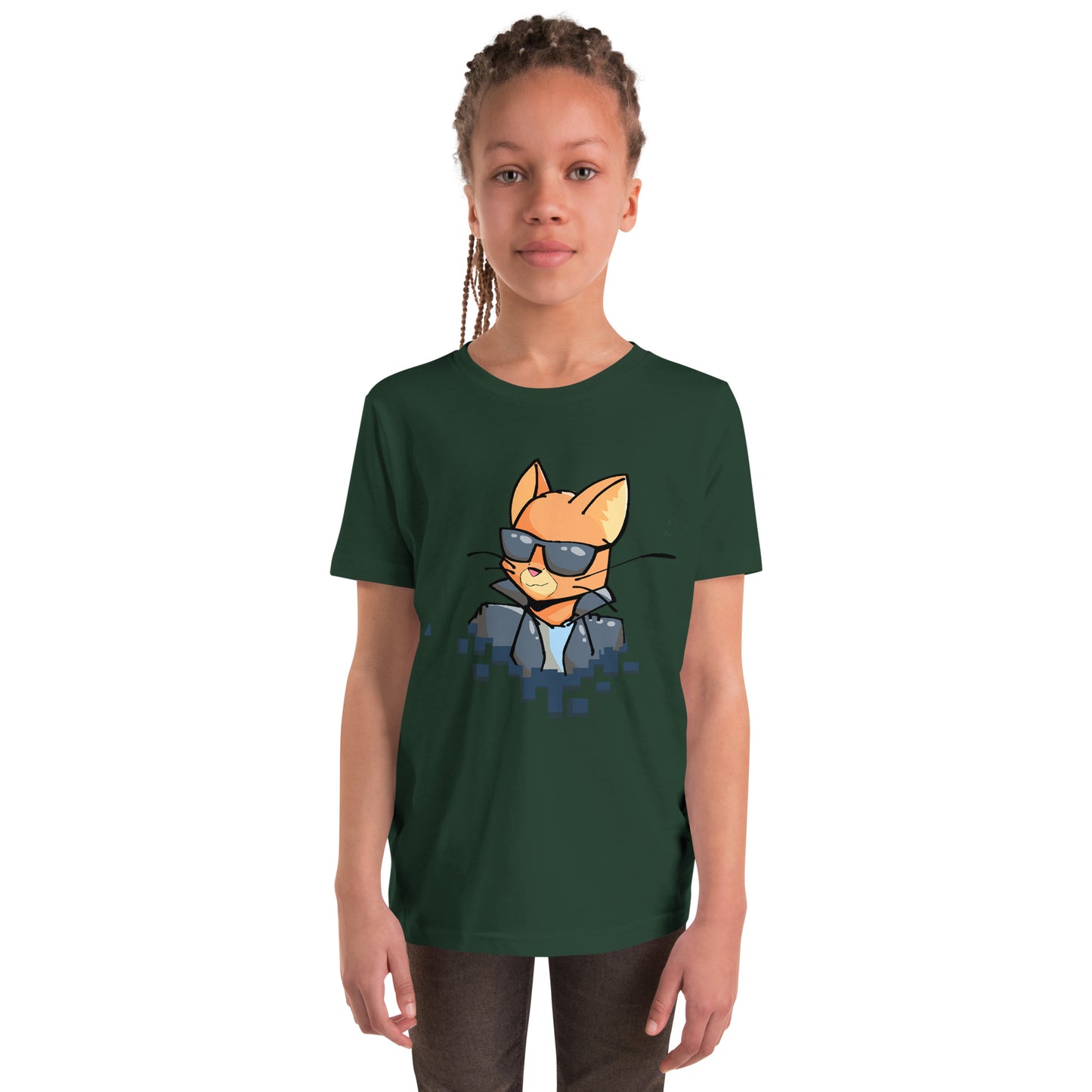 Youth staple tee in forest green with cool cat