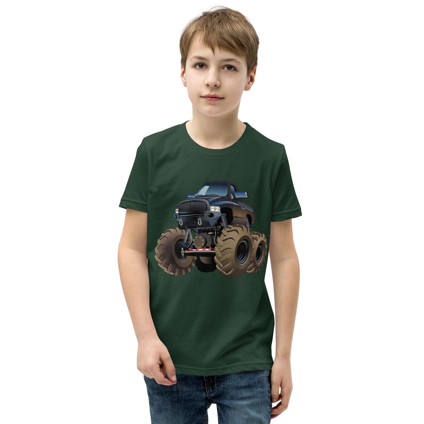Boy with forest green T-shirt with picture of a monstertruck